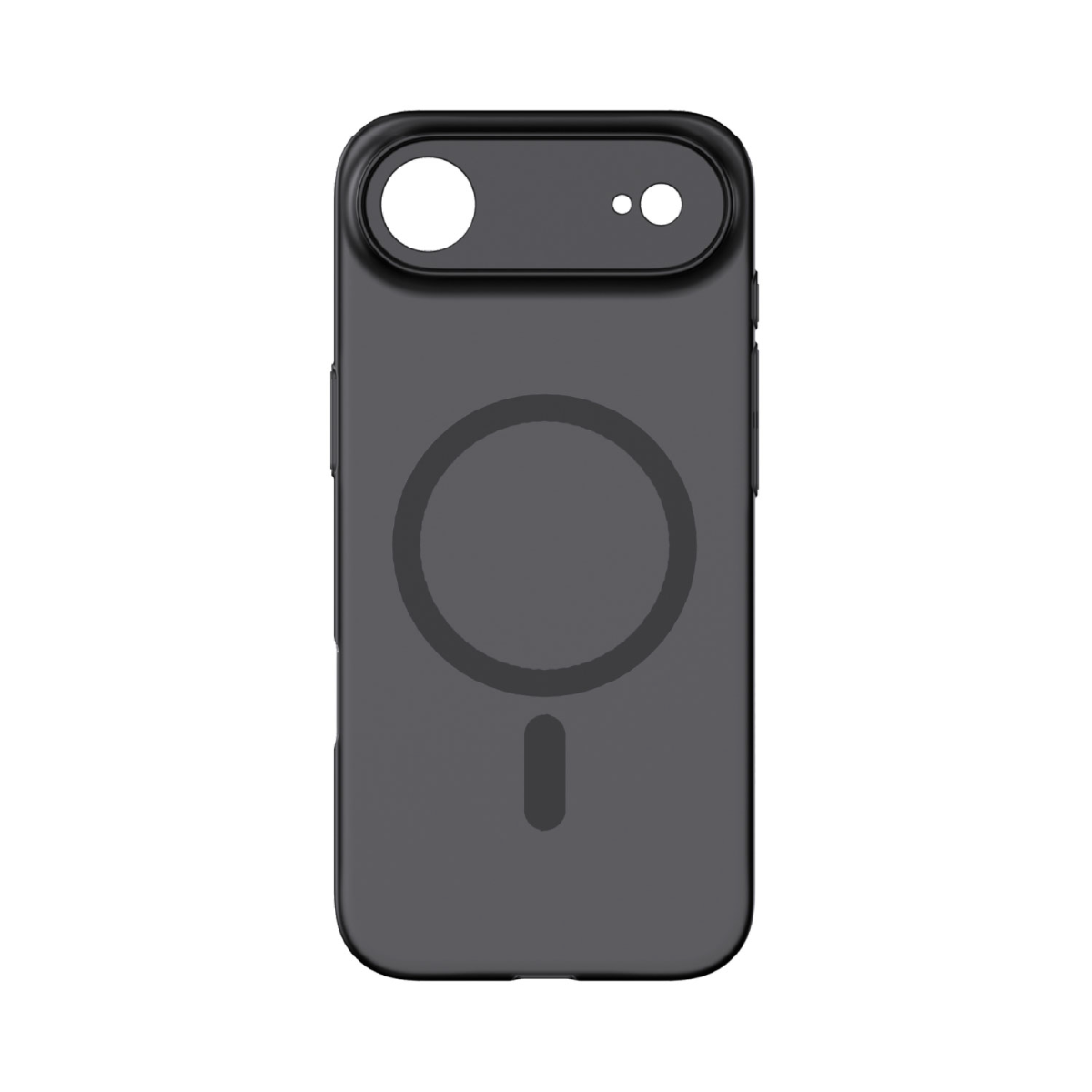 Koyu gri bir telefon kılıfı gösteriliyor. İki delikli bir kamera kesimi var, biri büyük, diğeri küçük. Arkada bir daire ve bir çizgi var.