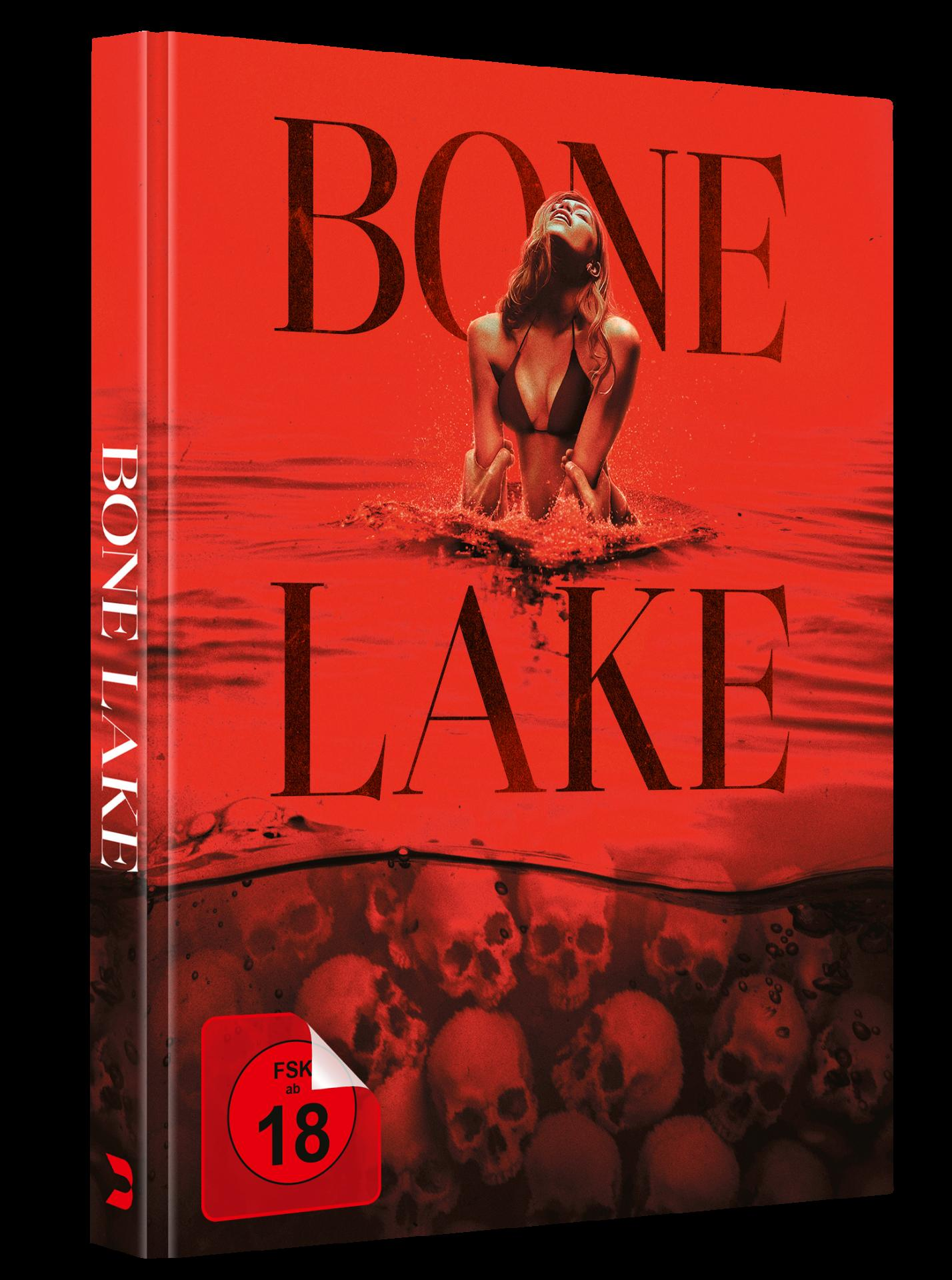 DVD-Cover. Frau im Wasser, Titel 'BONE LAKE'. Schädel unten. Roter Hintergrund. FSK 18 Aufkleber.