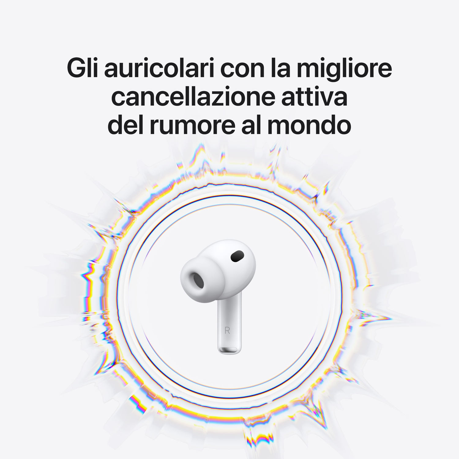 Auricolari bianchi con cancellazione del rumore, centrati su sfondo bianco, circondati da un effetto onda sonora colorato. Testo sopra.