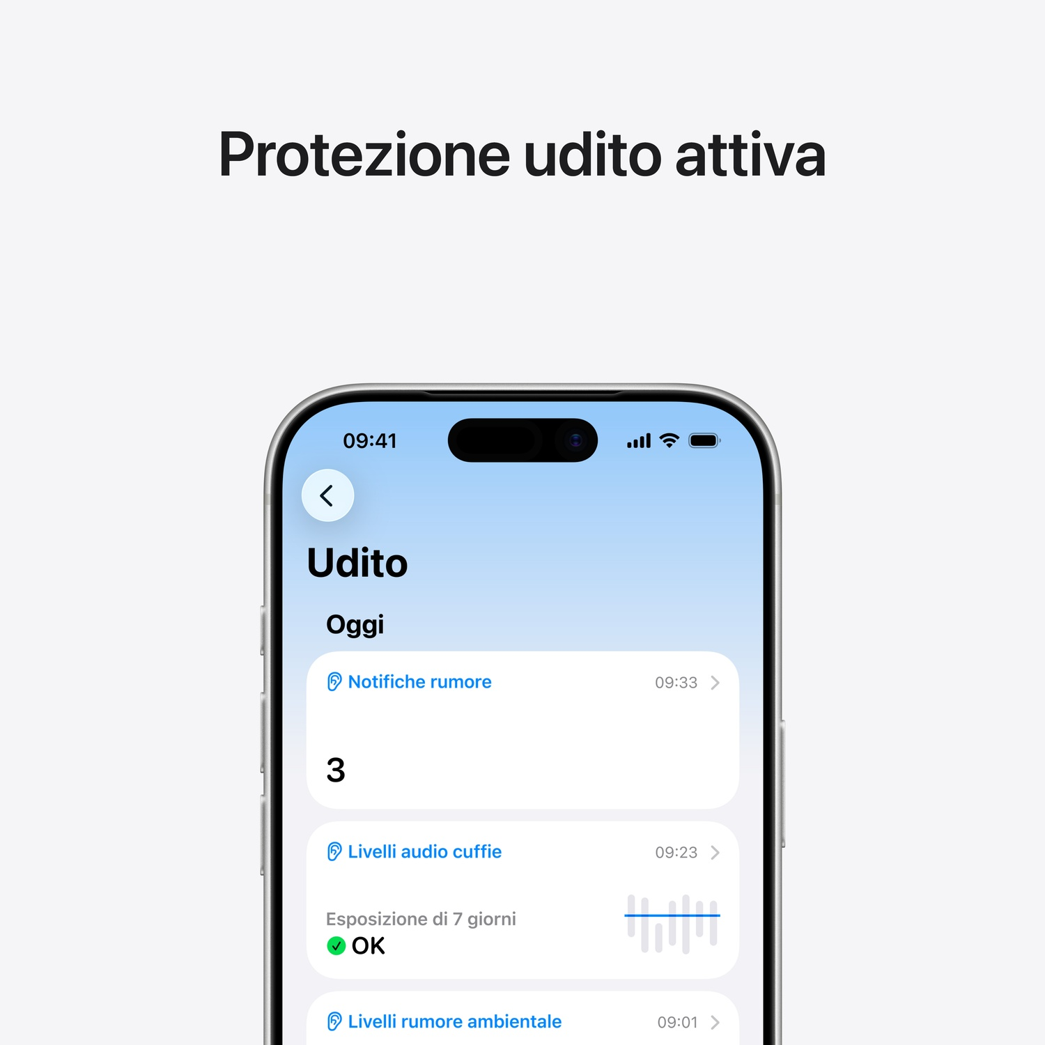 Uno schermo di smartphone mostra i dati sulla salute dell'udito. Il testo recita: 'Protezione udito attiva', 'Udito', 'Oggi' e i dettagli del livello di udito.