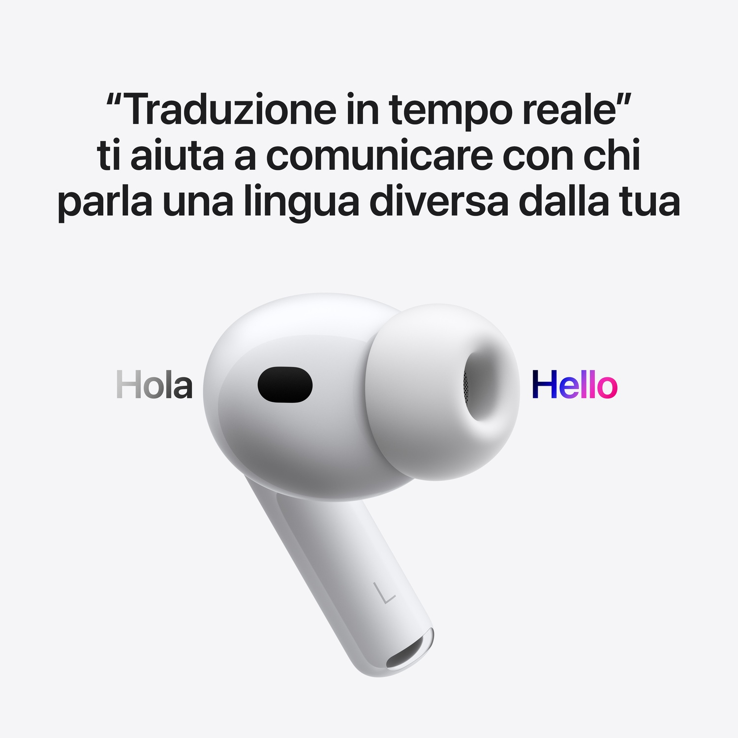 L'immagine mostra auricolari bianchi con testo sopra. Il testo dice che la traduzione in tempo reale aiuta a comunicare tra lingue. Sono presenti le parole Hola e Hello.