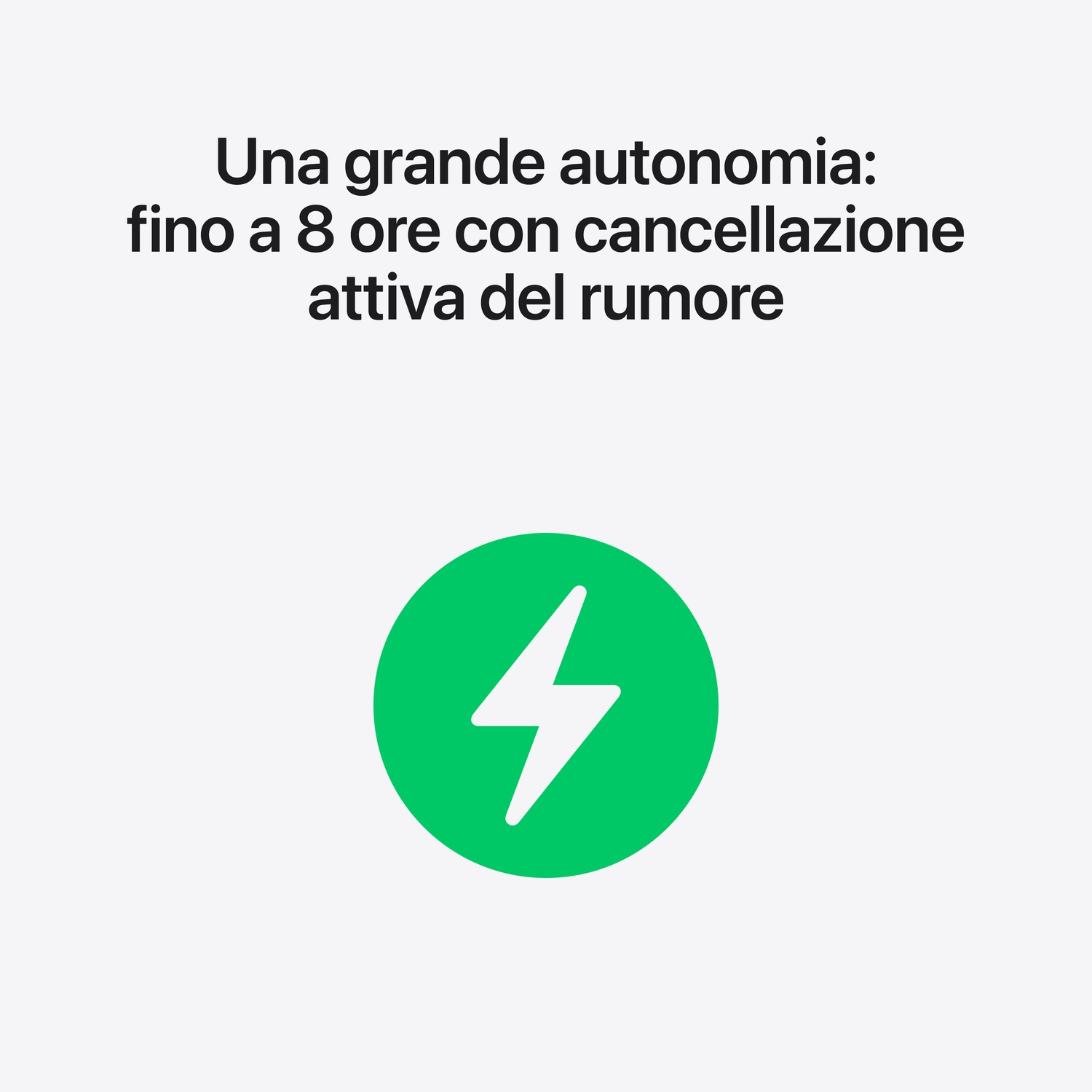 Immagine con testo: 'Una grande autonomia: fino a 8 ore con cancellazione attiva del rumore'. Cerchio verde con fulmine.