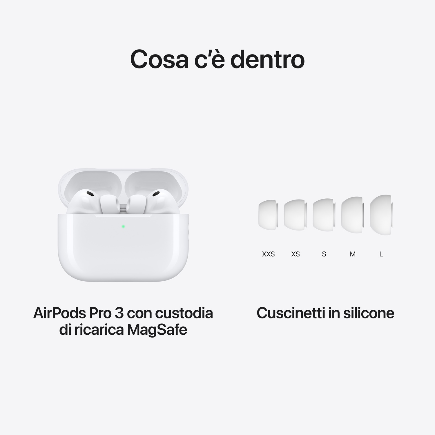 L'immagine mostra AirPods Pro 3 con custodia di ricarica e cuscinetti in silicone. Il testo dice 'Cosa c'è dentro' e dettagli del prodotto.