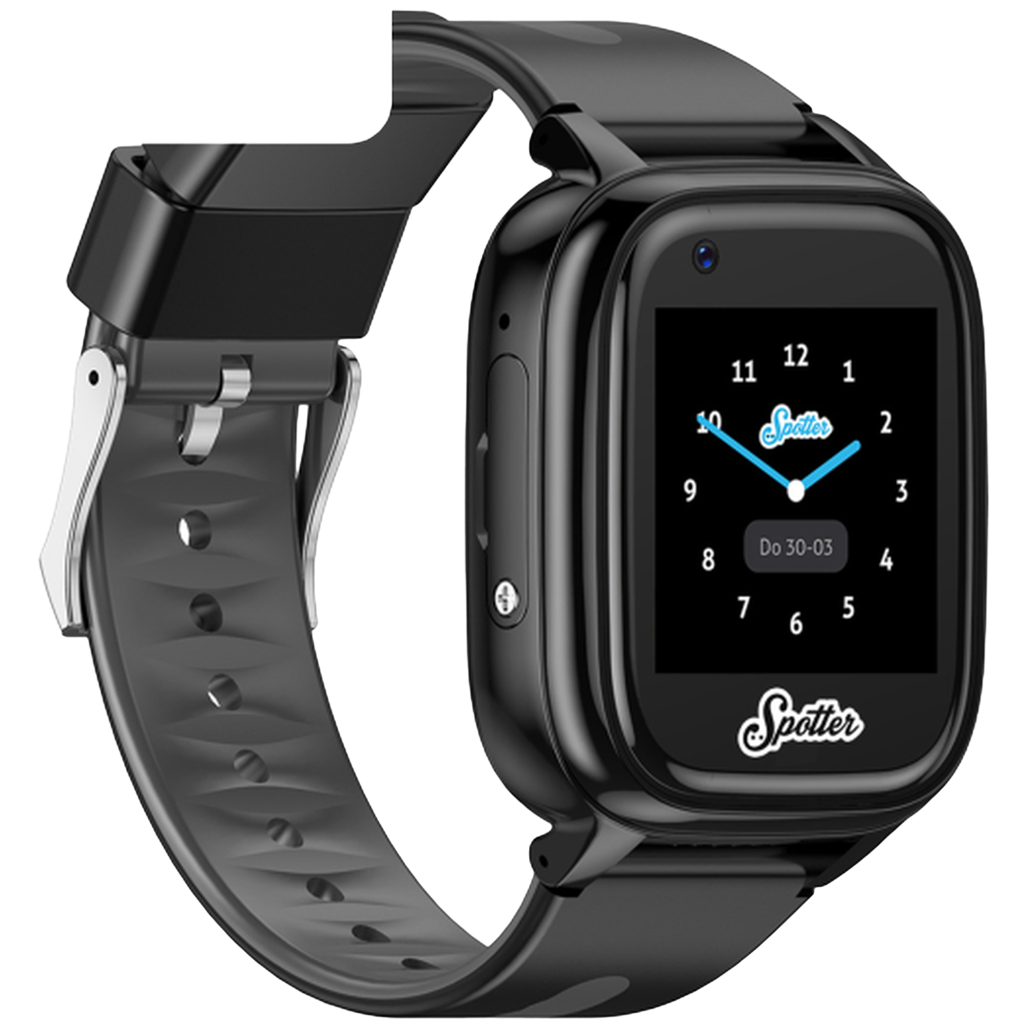 Smartwatch noire avec écran numérique affichant l'heure. La montre a un bracelet noir et une boucle argentée. La marque est 'Spotter'.