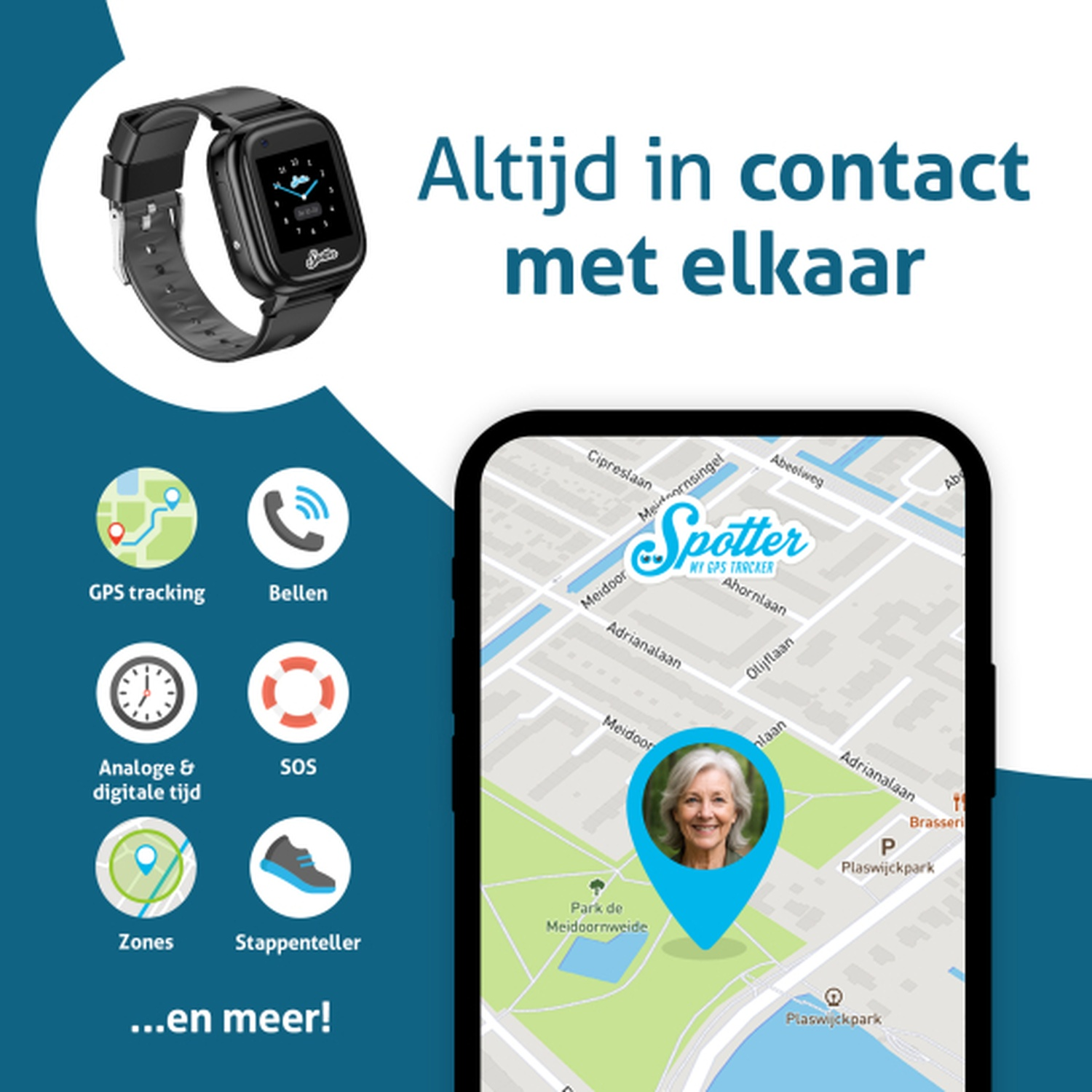 Une montre connectée avec une carte montrant la position d'une personne. Icônes GPS, appel, heure, SOS, zones et podomètre.