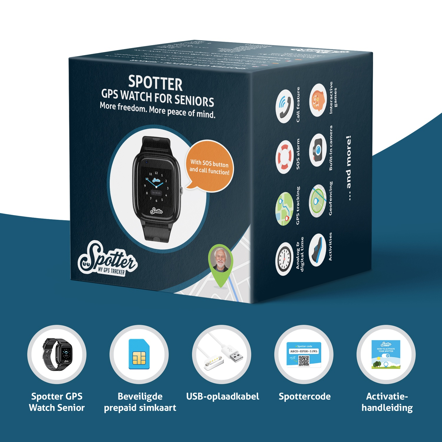 Une boîte avec une montre GPS Spotter pour seniors. Elle dispose de fonctions telles que SOS, GPS et une caméra intégrée. Des accessoires sont également montrés.