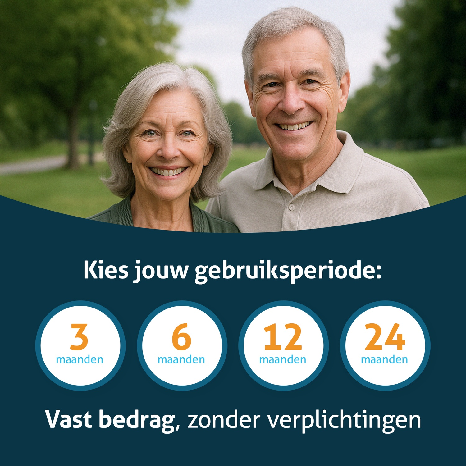 Un couple de personnes âgées sourit. Le texte ci-dessous indique 'Choisissez votre période d'utilisation' avec des options de 3, 6, 12 et 24 mois.