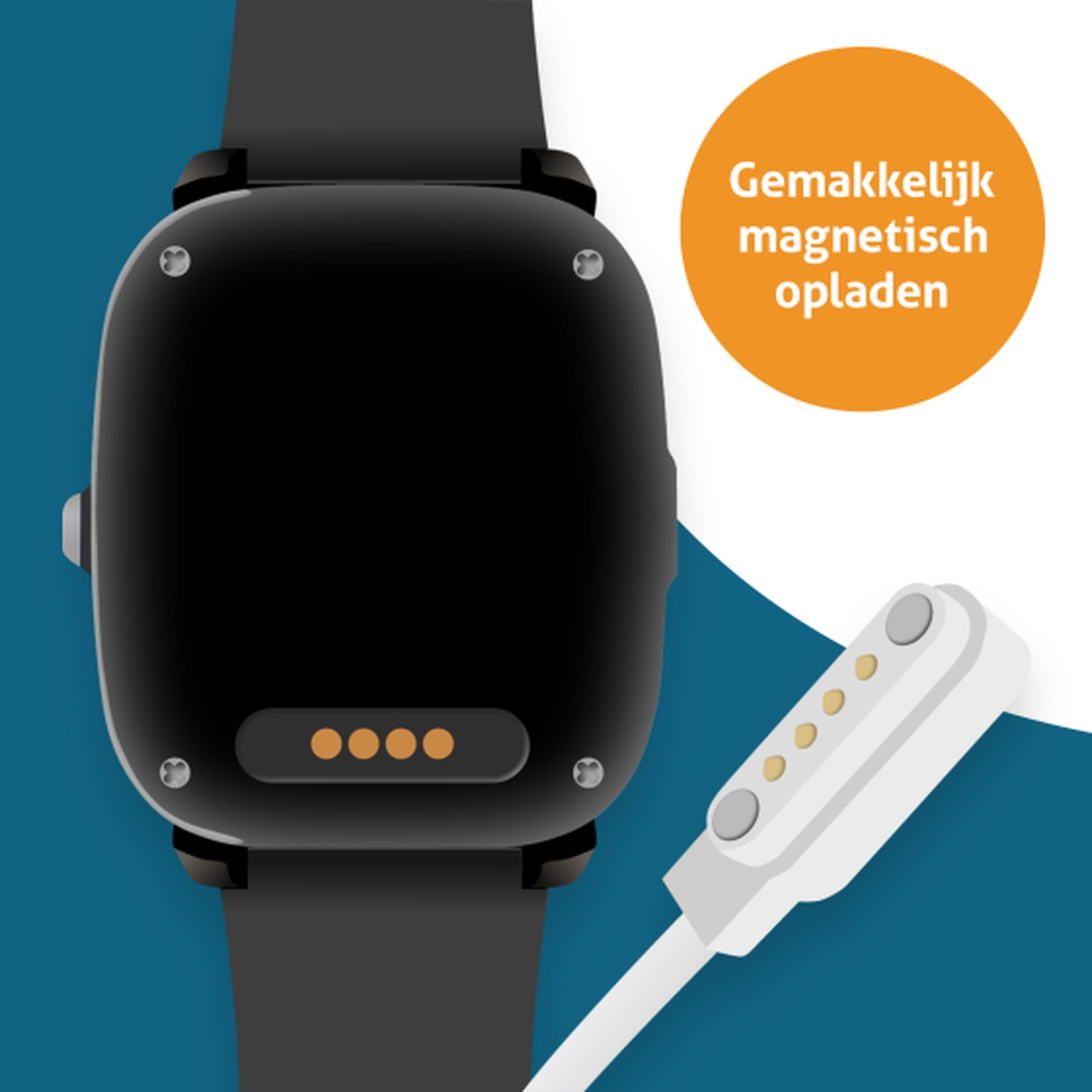 Montre connectée noire avec chargeur magnétique. Cercle orange avec texte néerlandais.