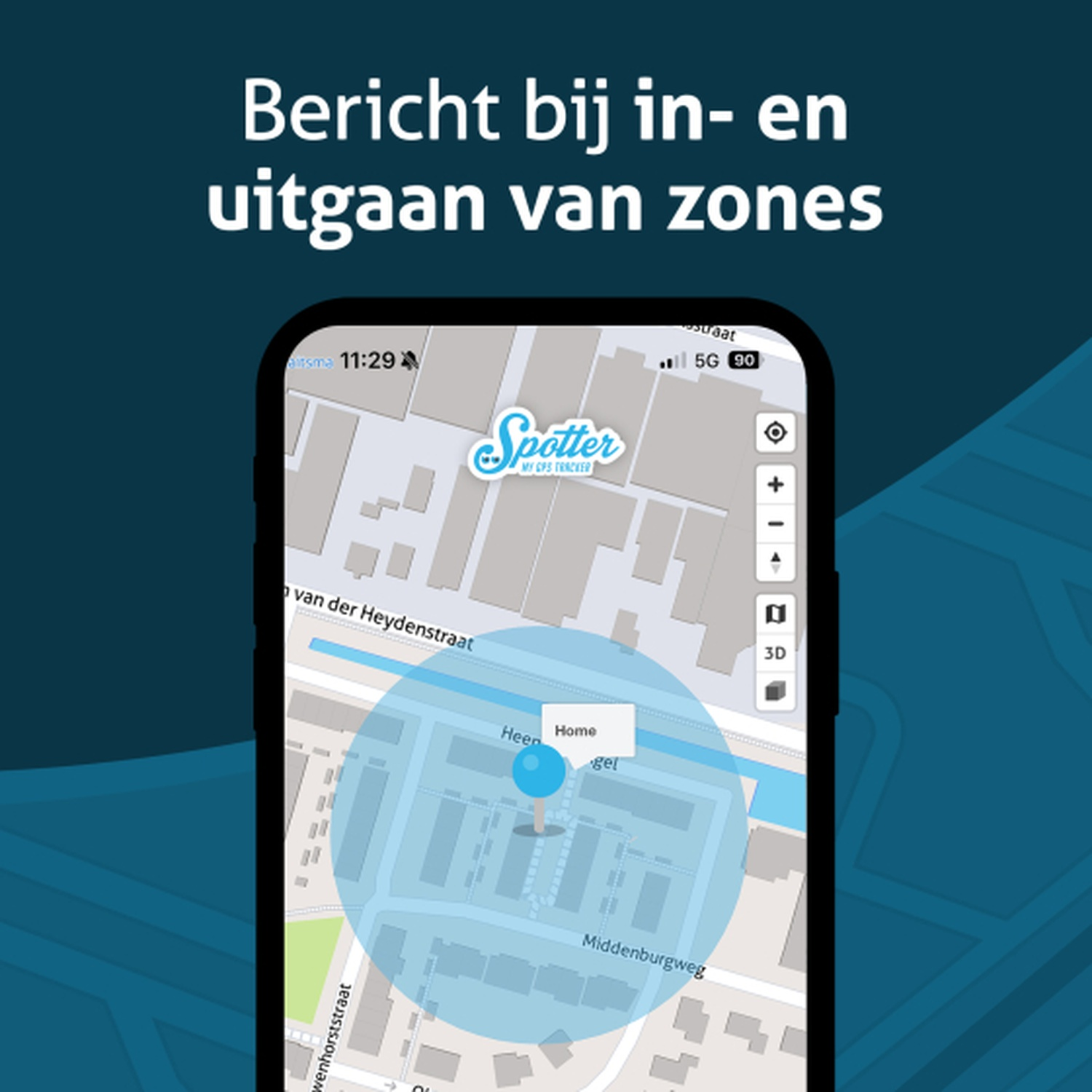 Un téléphone affiche une carte avec une zone bleue. Le texte en haut dit : 'Bericht bij in- en uitgaan van zones'.