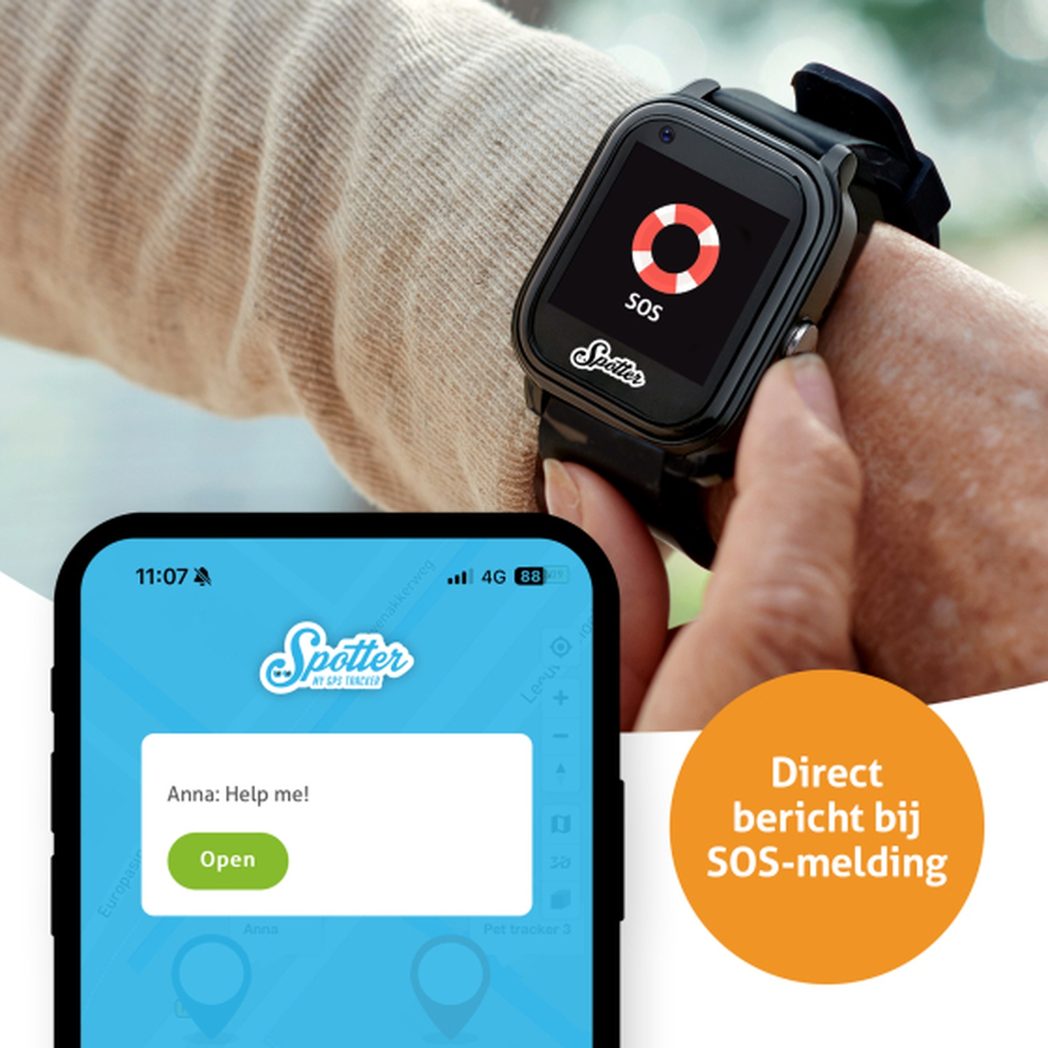 Une montre connectée affiche une icône SOS. Un téléphone affiche 'Anna : Aide-moi !' à l'écran. Un cercle orange dit 'Direct bericht bij SOS-melding'.