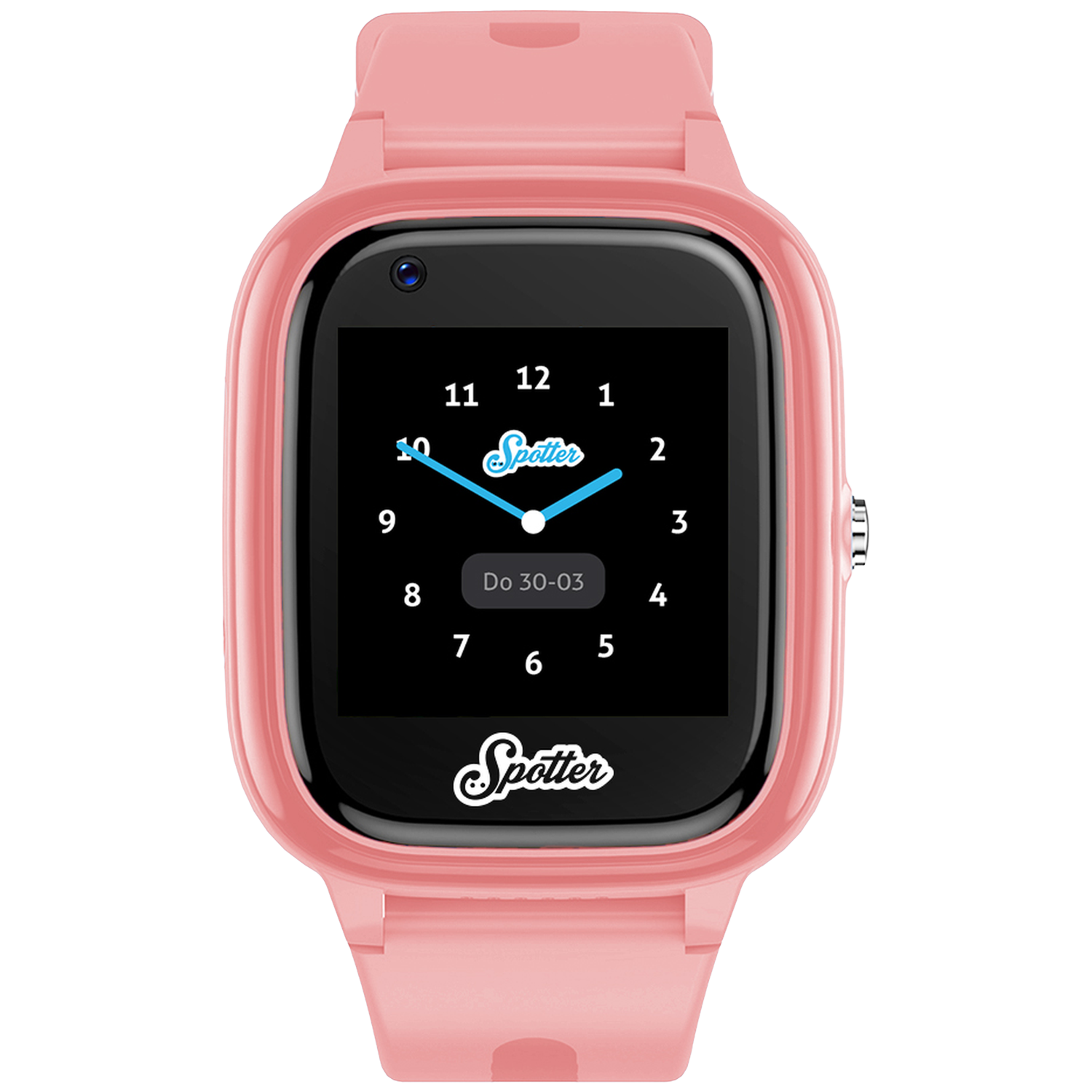 Een roze smartwatch met een zwart scherm. Het toont de tijd met cijfers en wijzers, en heeft het woord "Spotter" op het scherm.