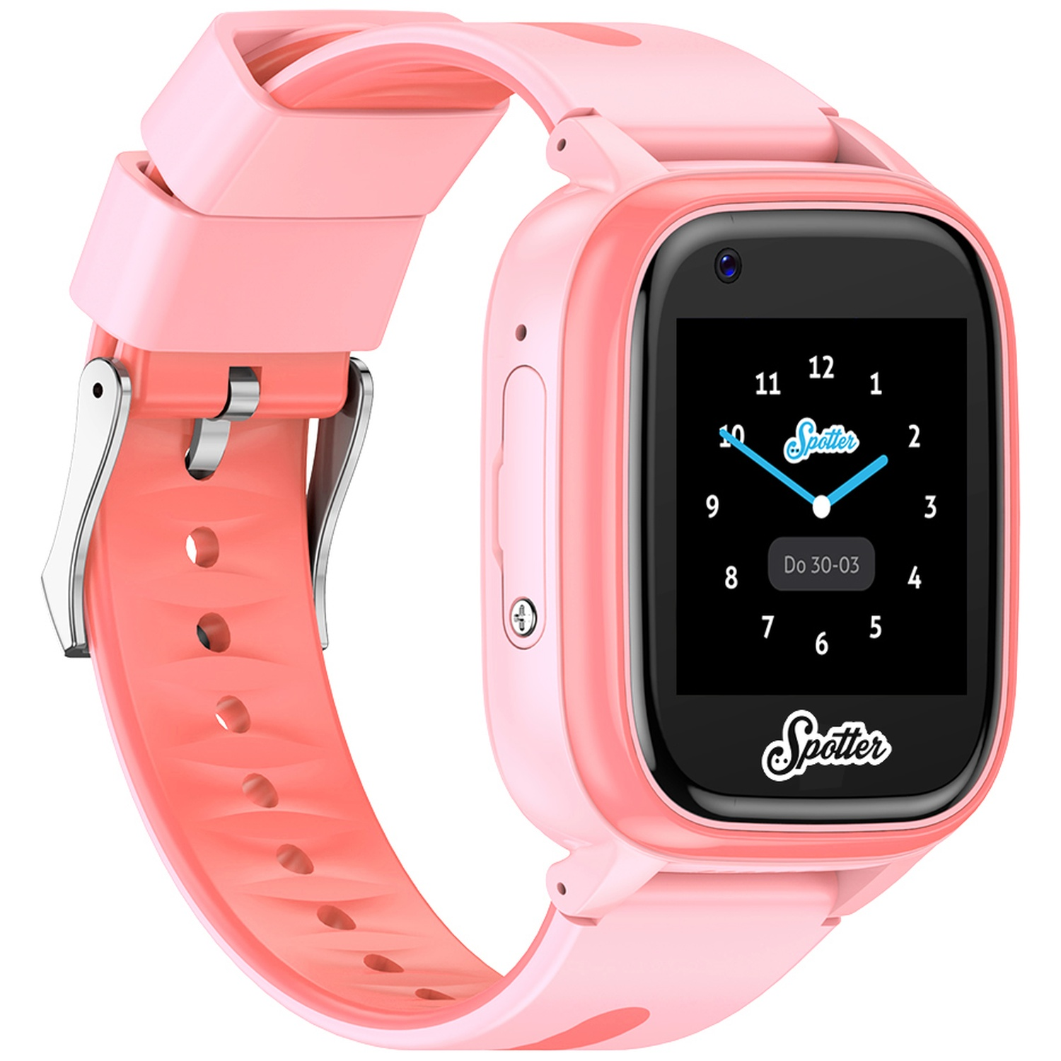 Roze smartwatch met zwart scherm dat de tijd en het logo weergeeft. De band is roze. Het horloge staat op een witte achtergrond.