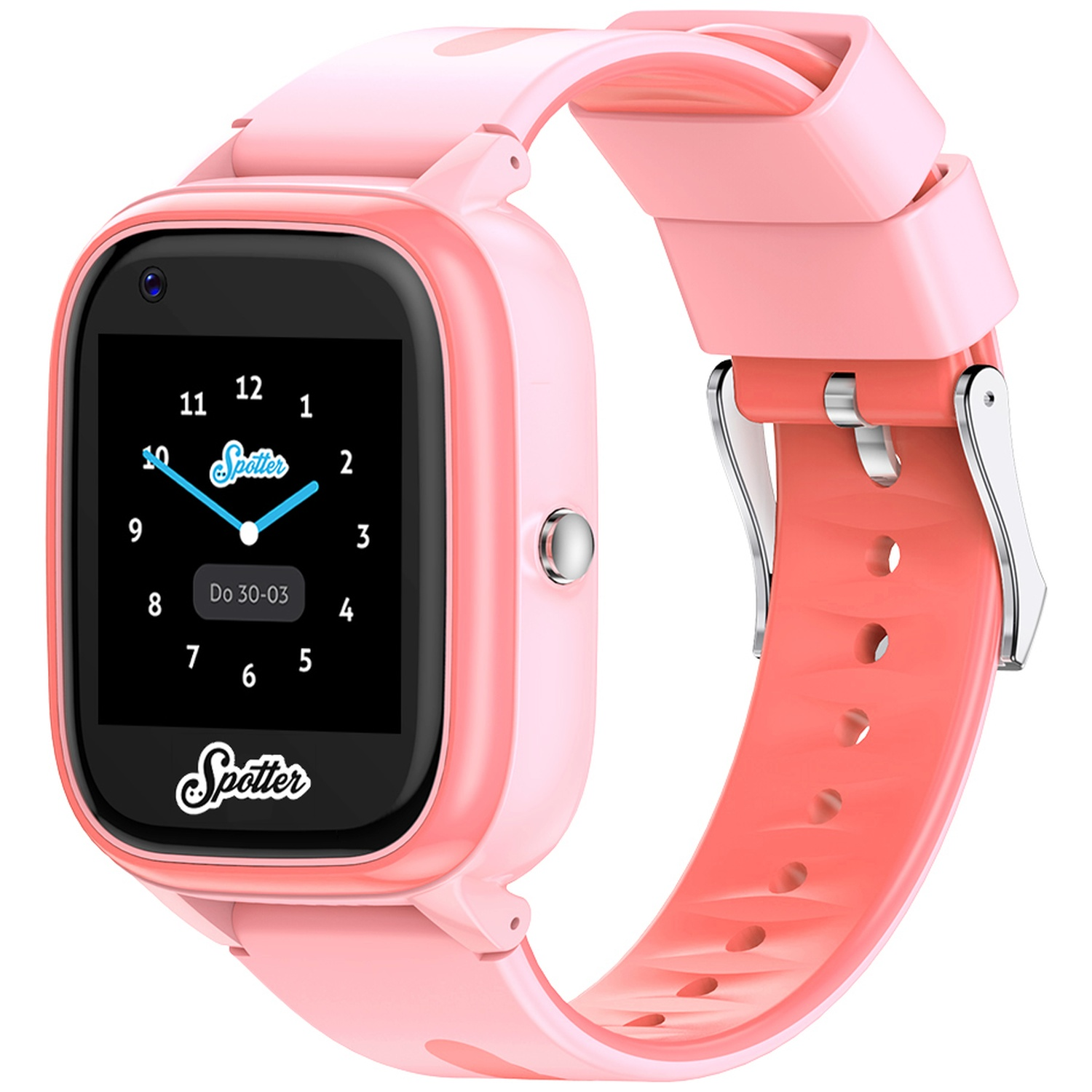 Een roze smartwatch met een zwart scherm waarop de tijd wordt weergegeven. Het horloge heeft een roze bandje en een zilveren gesp.