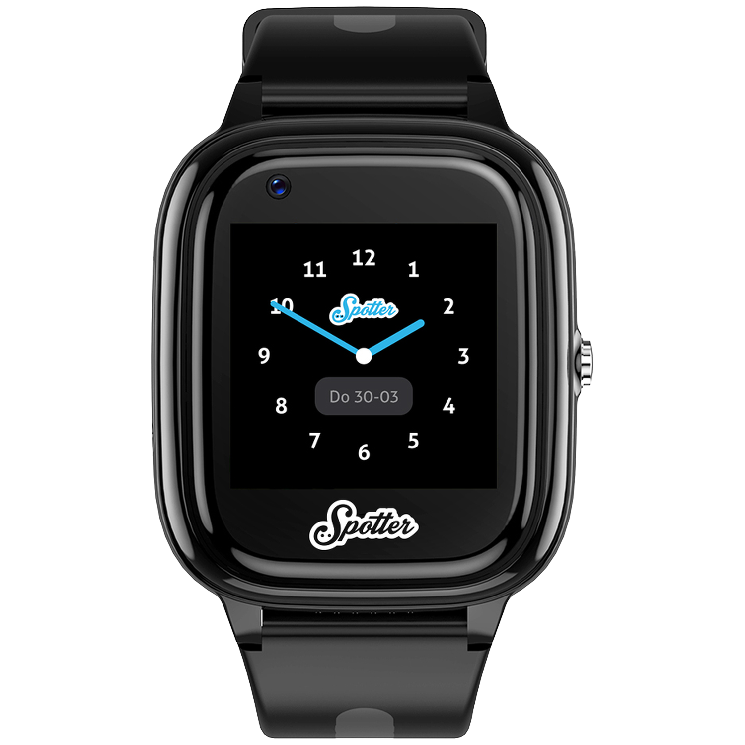 Smartwatch noire avec écran noir affichant l'heure. Chiffres blancs et aiguilles bleues indiquent l'heure. La montre a le logo 'Spotter'.