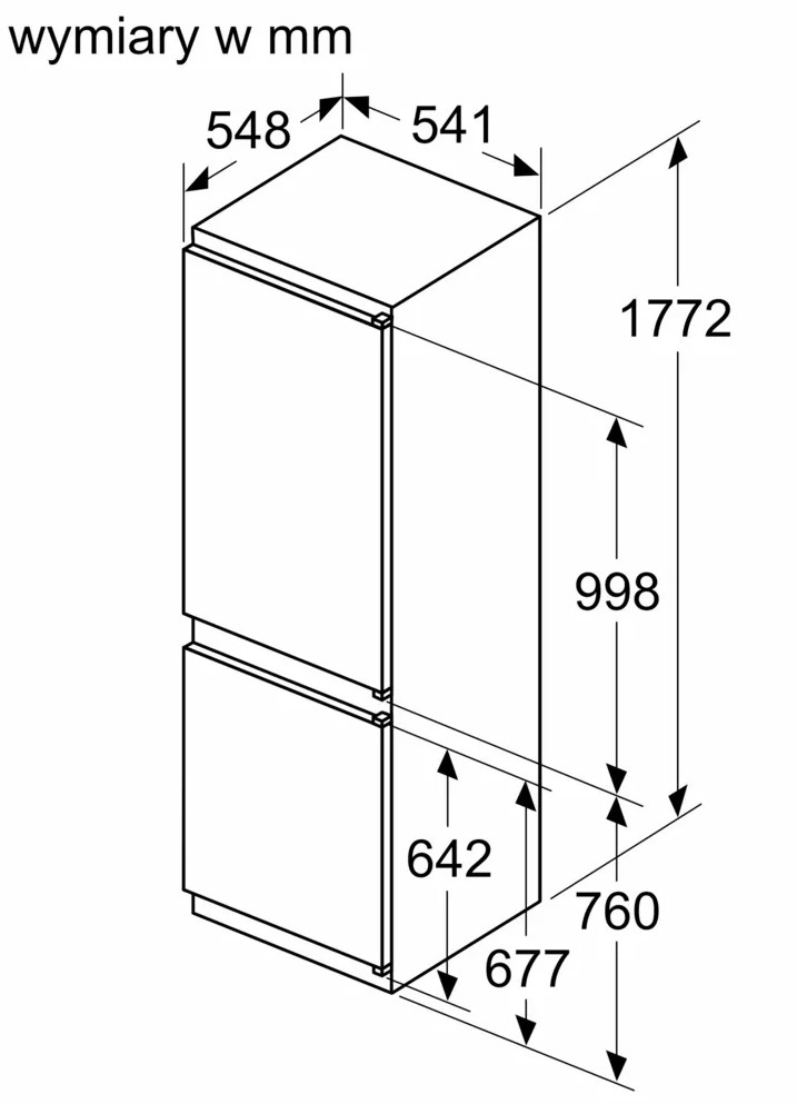 Schemat lodówki z wymiarami w milimetrach. Pokazuje wymiary wysokości i szerokości urządzenia.