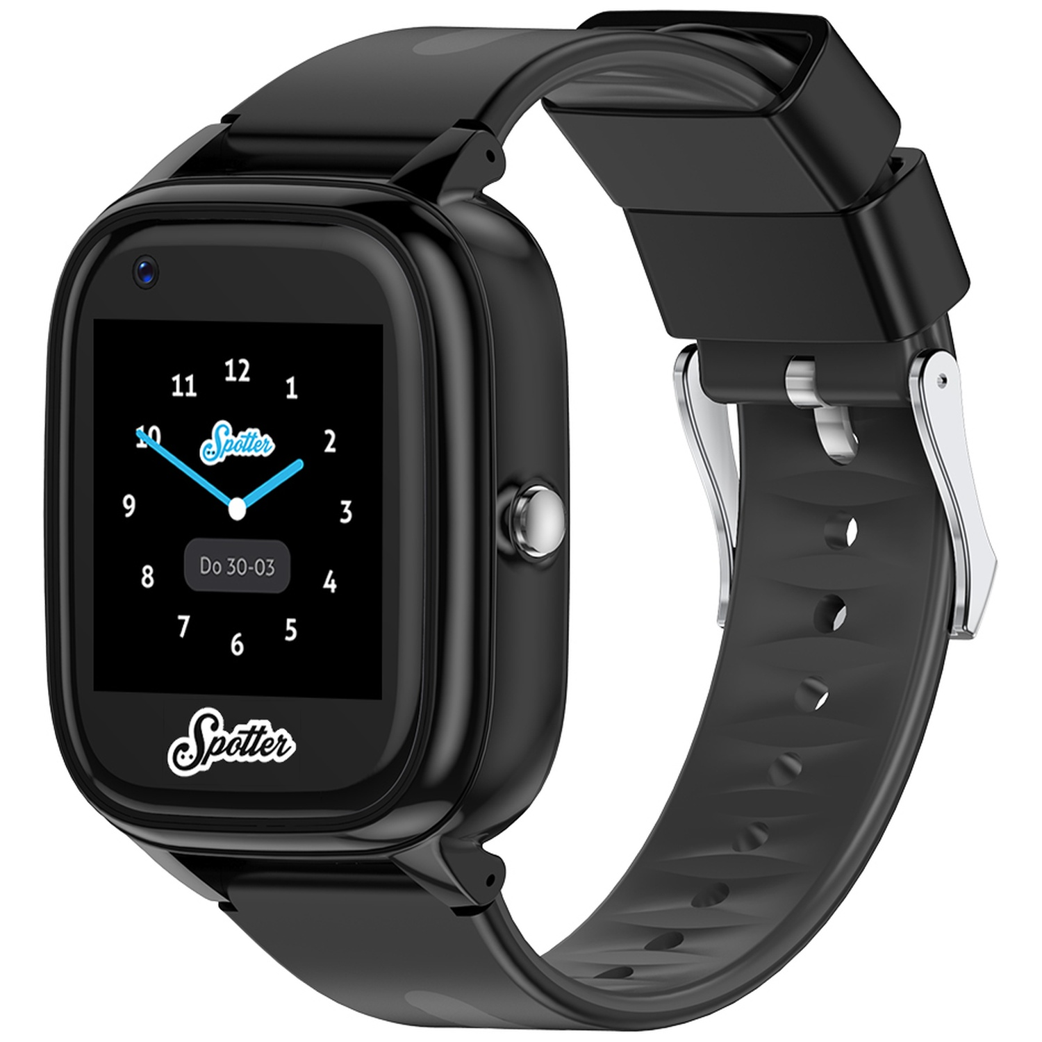 Montre connectée noire avec affichage numérique de l'heure. La montre a un bracelet noir et une boucle argentée. La marque est Spatter.