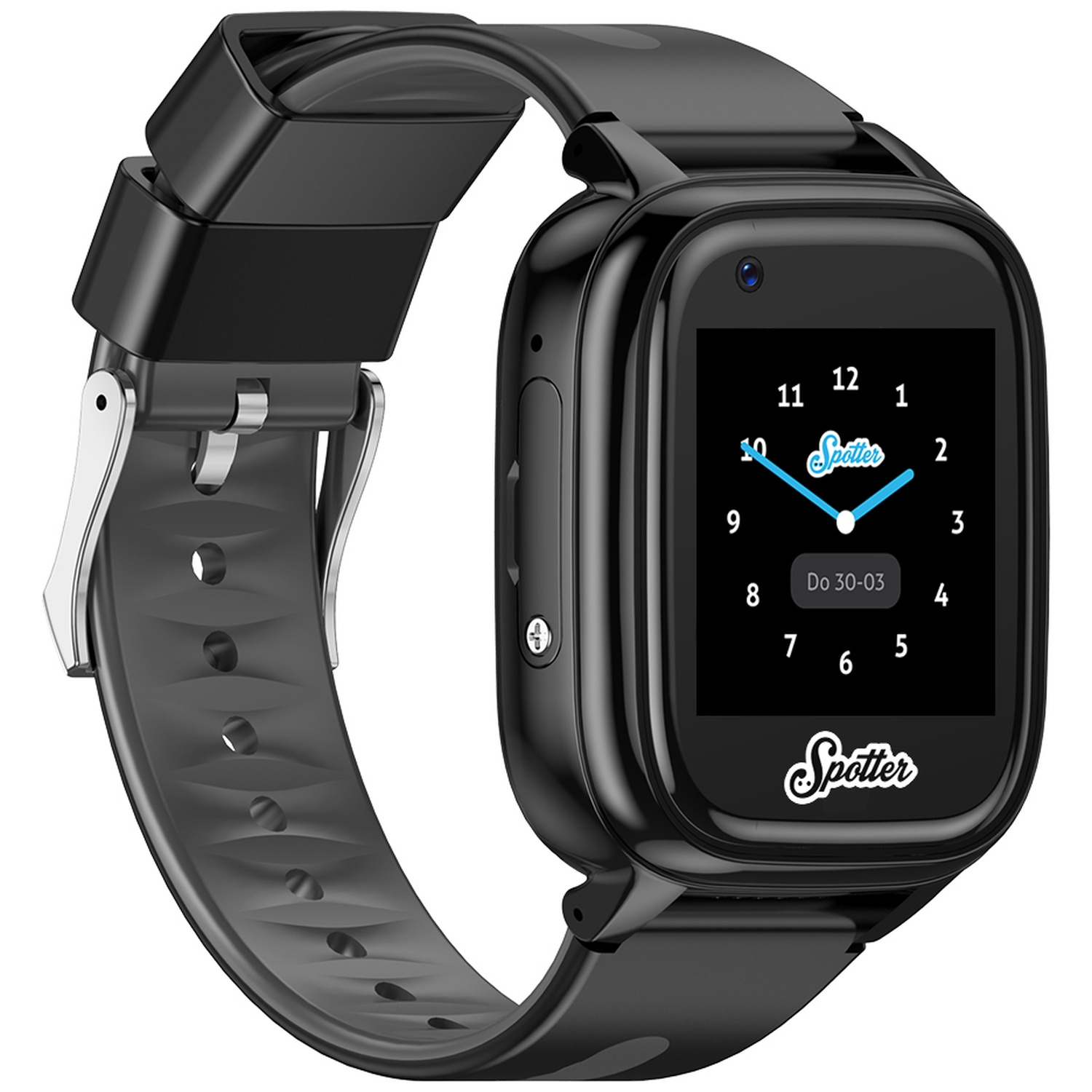Une montre connectée noire avec un affichage numérique indiquant l'heure. La montre a un bracelet noir et une boucle argentée.