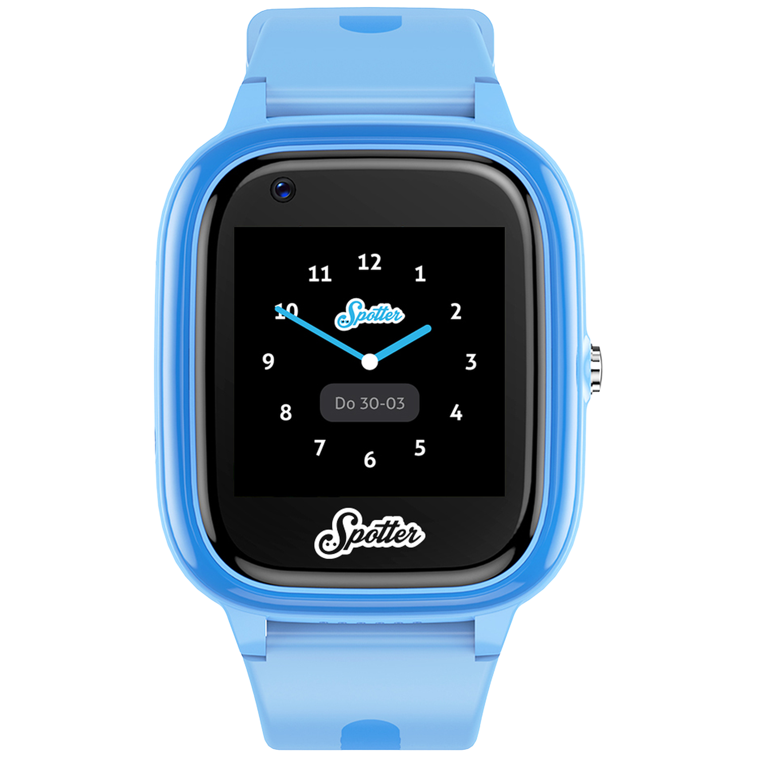 Une montre connectée bleue avec un écran noir affichant l'heure. La montre a un bracelet bleu clair et la marque 'Spotter'.