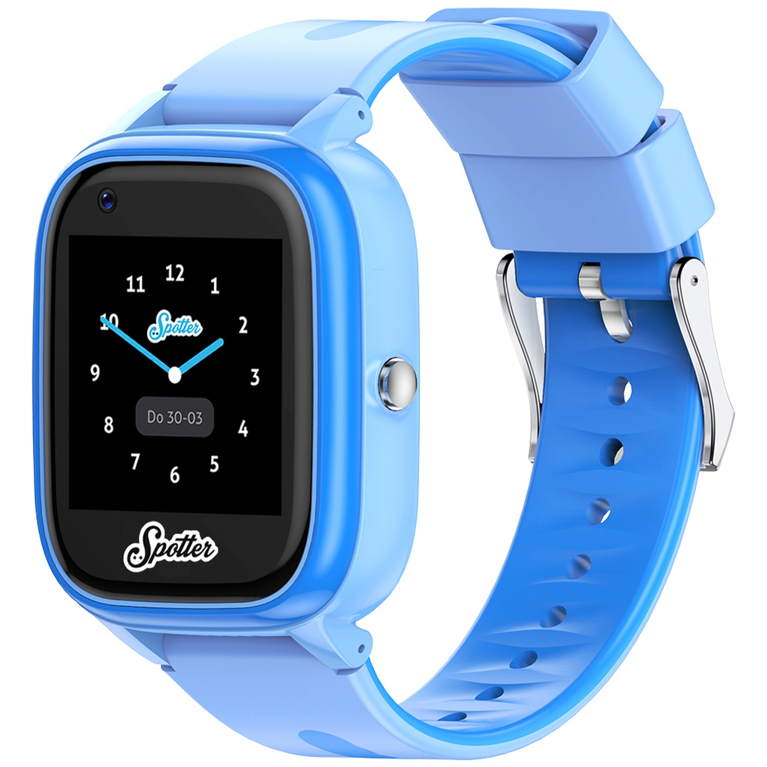 Une montre connectée bleue avec un écran noir affichant l'heure. La montre a un bracelet bleu clair et une boucle argentée. La marque est 'Spotter'.