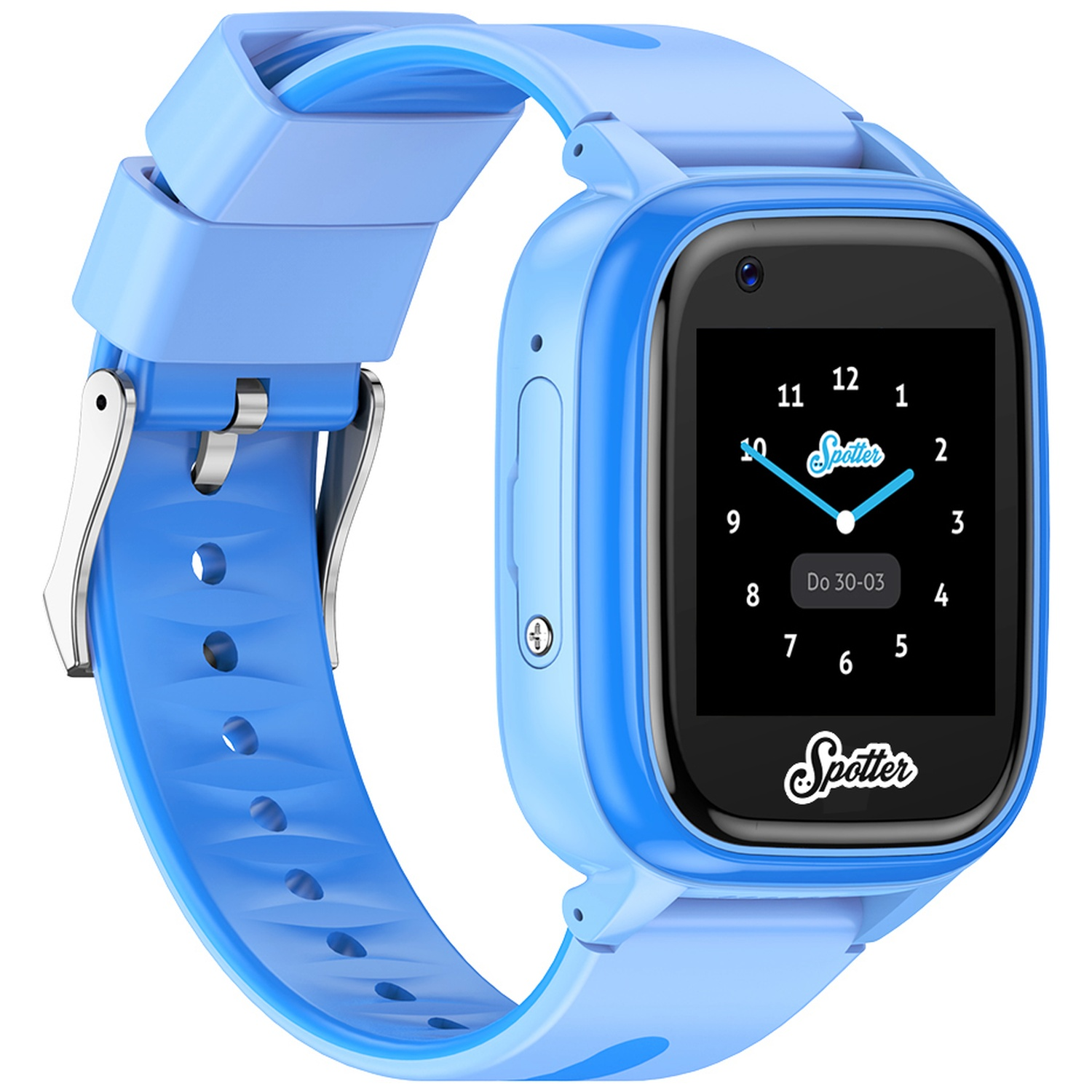 Une montre connectée bleue avec un écran noir affichant l'heure. La montre a un bracelet bleu et une boucle. Le logo 'Spotter' est visible.