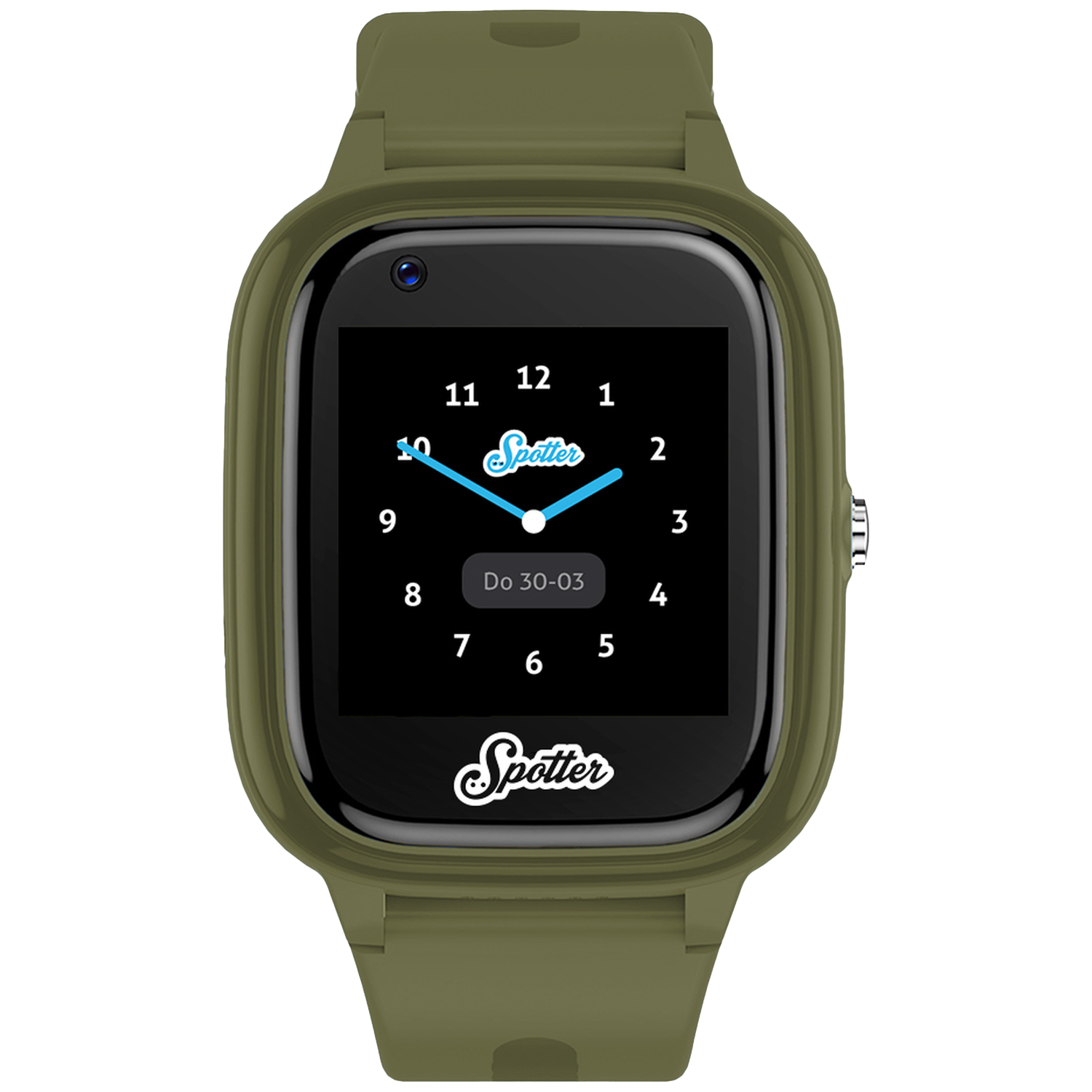 Een olijfgroene smartwatch met zwart scherm. Toont de tijd, met het 'Spotter'-logo. Het horloge heeft een camera.