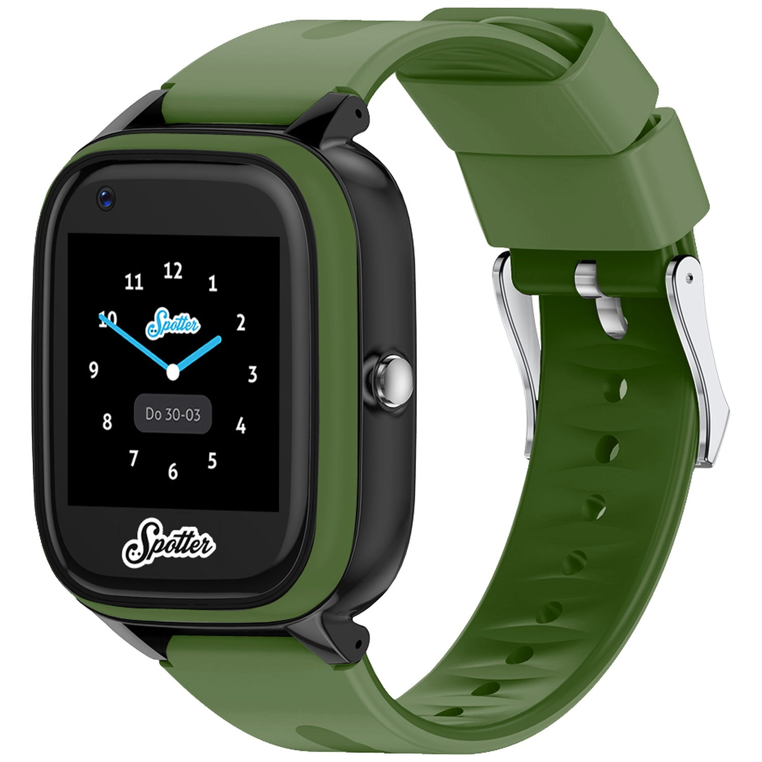 Een groene smartwatch met een zwart scherm waarop een klok wordt weergegeven. Het horloge heeft een groene band en een zilveren sluiting. Het merk is Spotter.