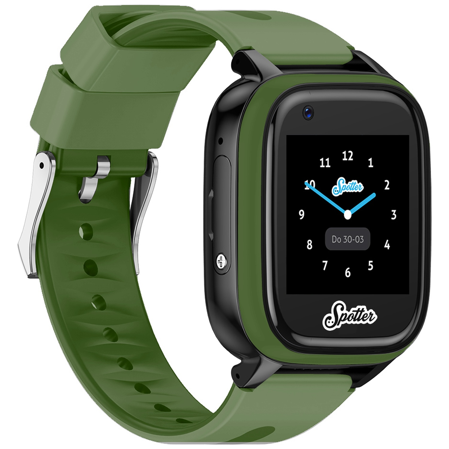 Groene smartwatch met zwart scherm. Toont de tijd en het 'Spotter' logo.