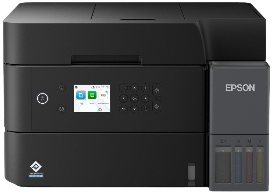 Czarna drukarka Epson z wyświetlaczem i przyciskami sterowania. Zbiorniki z tuszem widoczne po prawej stronie. Drukarka na białym tle.