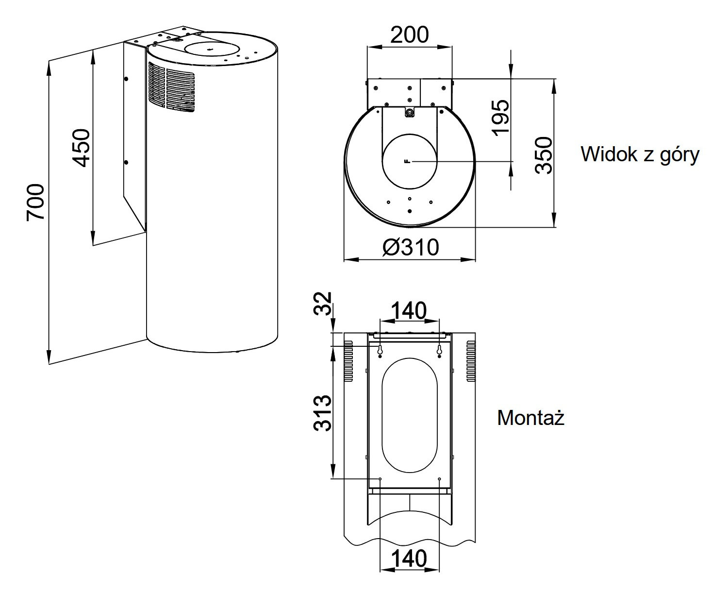Rysunek techniczny cylindrycznego podgrzewacza wody z wymiarami. Pokazuje widoki z góry i z boku oraz szczegóły montażu.