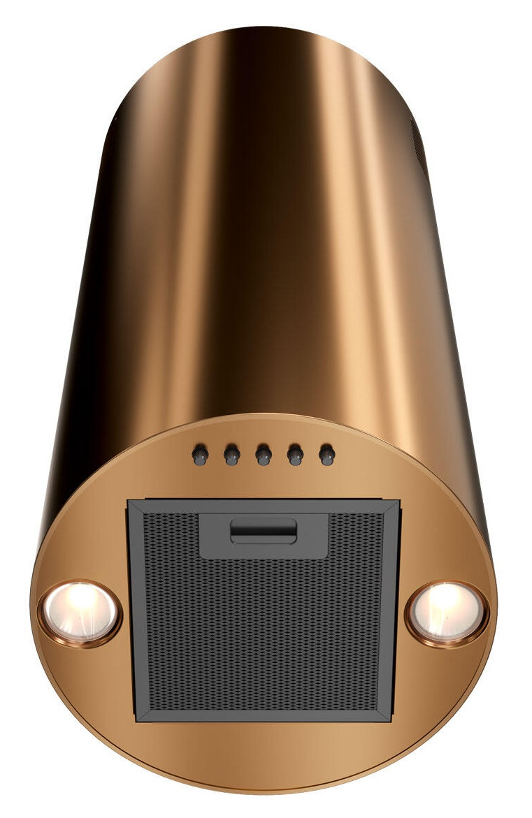 Miedziany okap kuchenny. Ma cylindryczny kształt, prostokątny filtr, światła i przyciski sterowania. Tło jest białe.