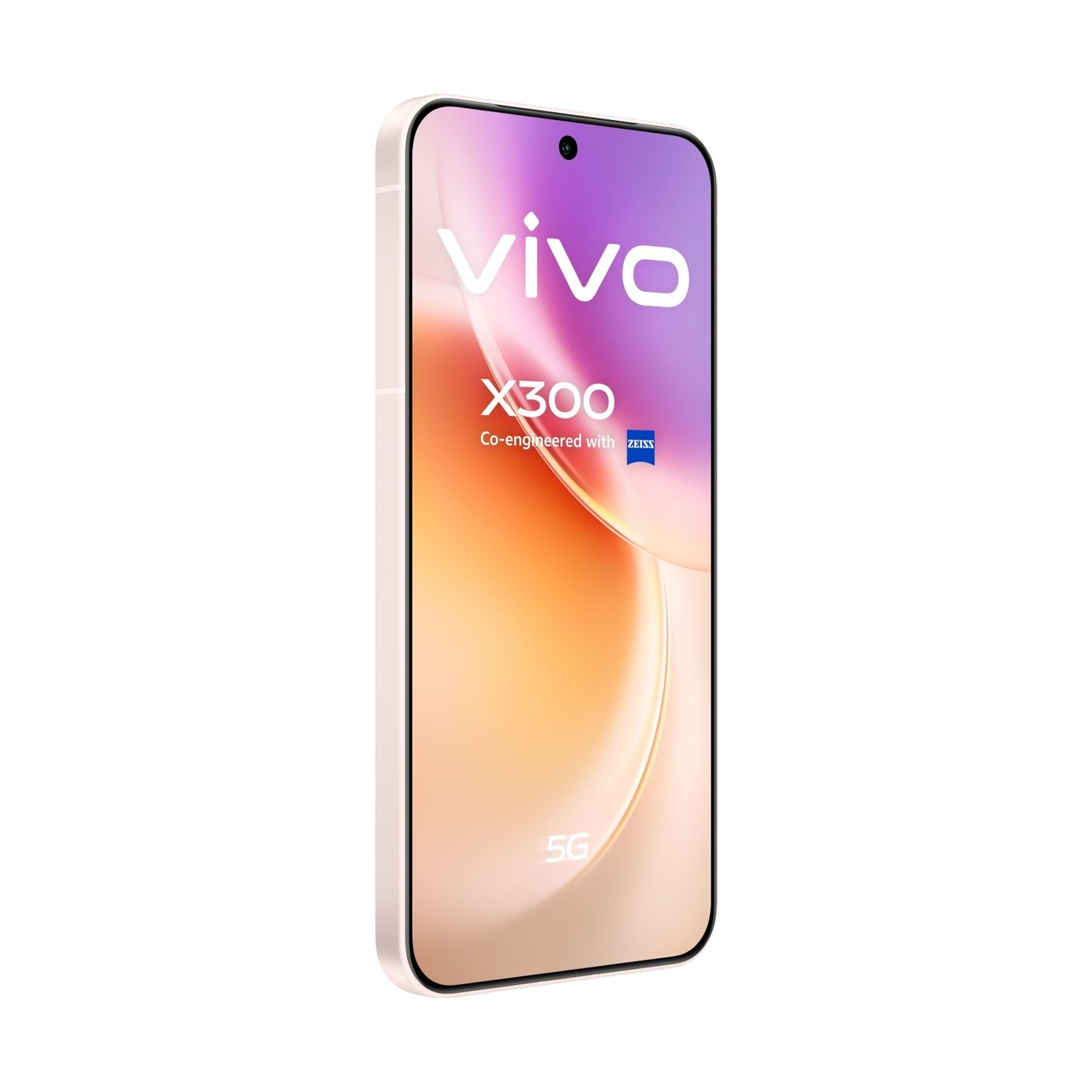 Uno smartphone, Vivo X300, con schermo sfumato. Il telefono è oro chiaro con cornice nera e logo 5G.