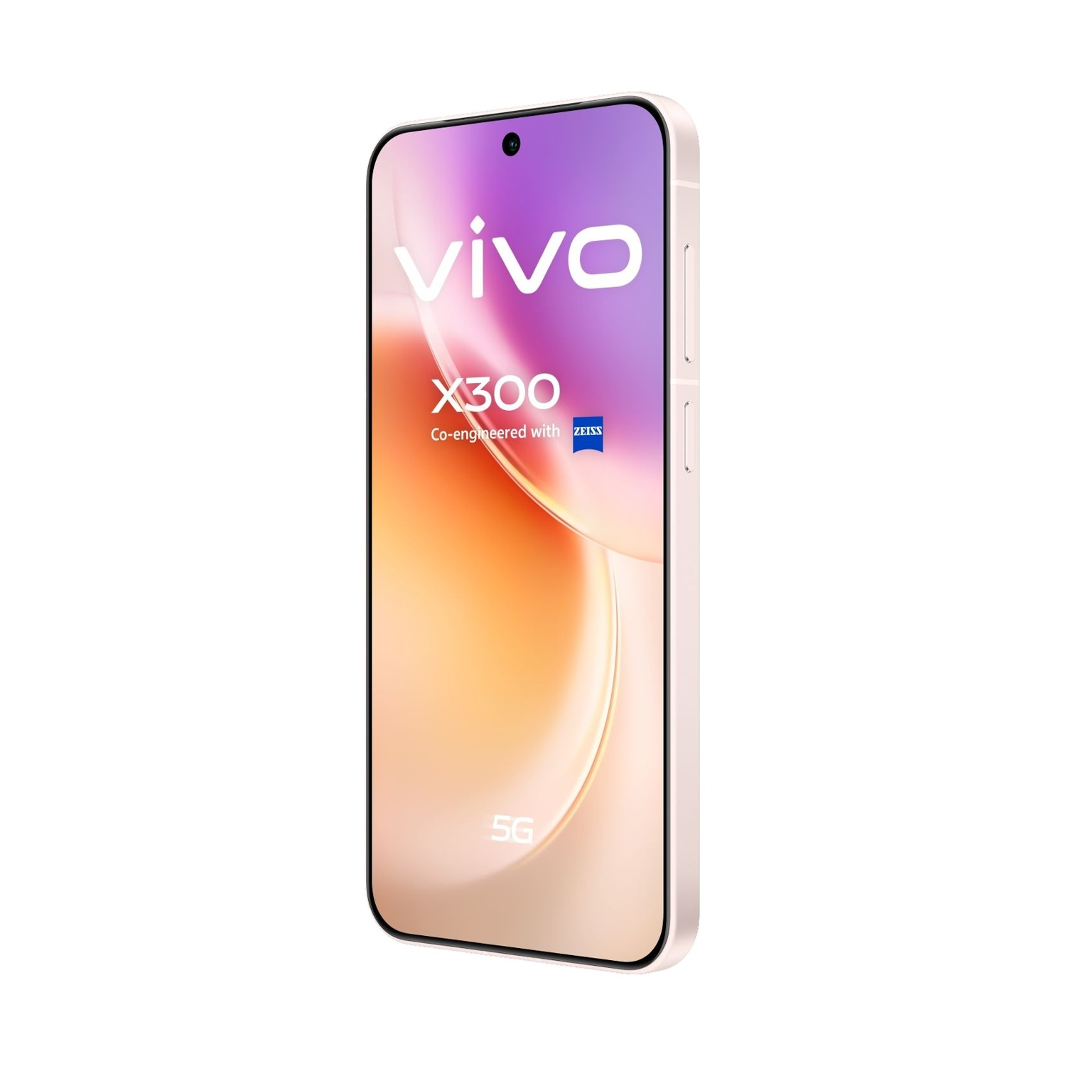 Uno smartphone in una custodia rosa chiaro. Lo schermo mostra 'vivo X300' e '5G'. Lo sfondo è bianco.