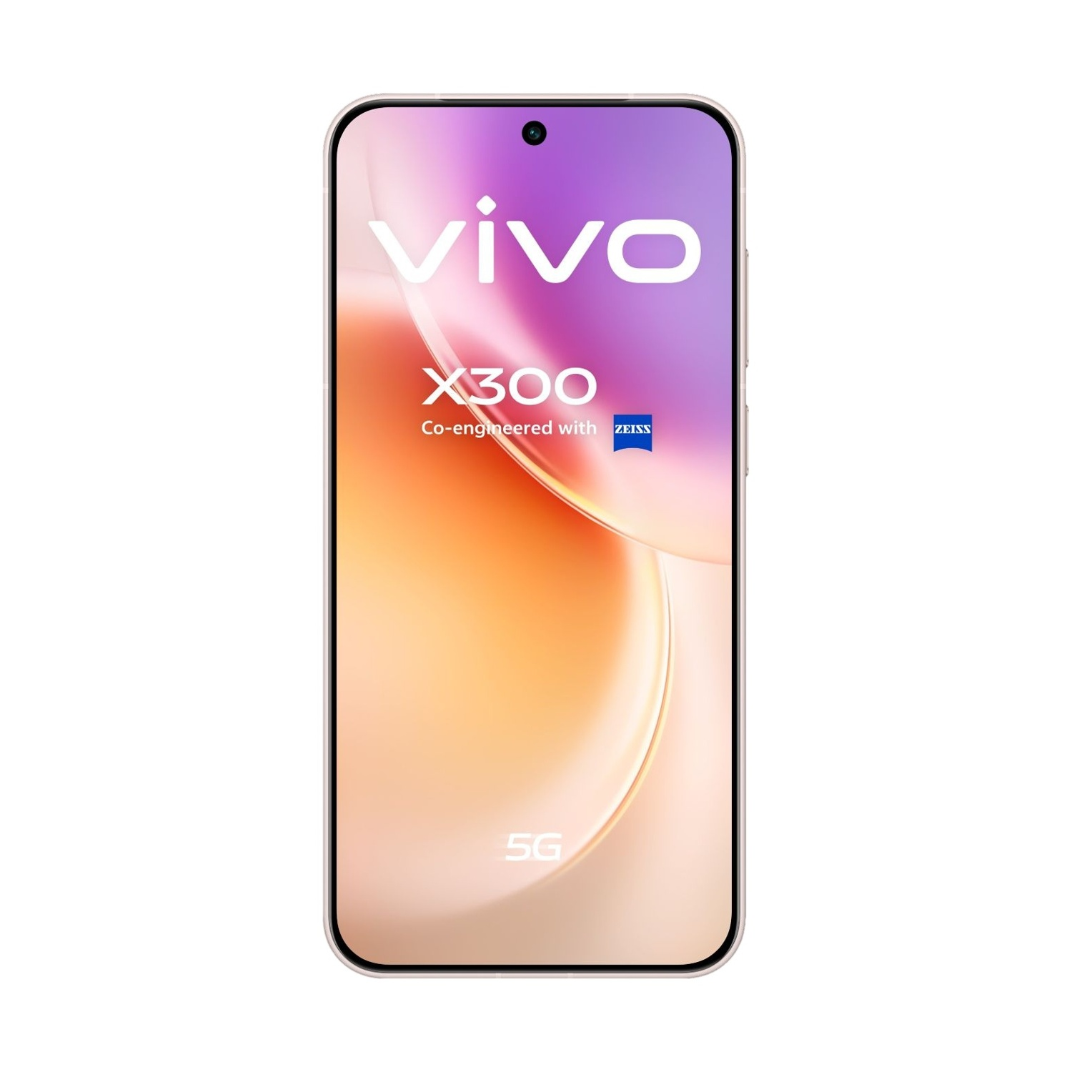 Uno smartphone con schermo che mostra 'vivo X300' e '5G'. Lo sfondo è una sfumatura di viola e arancione. Il telefono ha una cornice argentata.