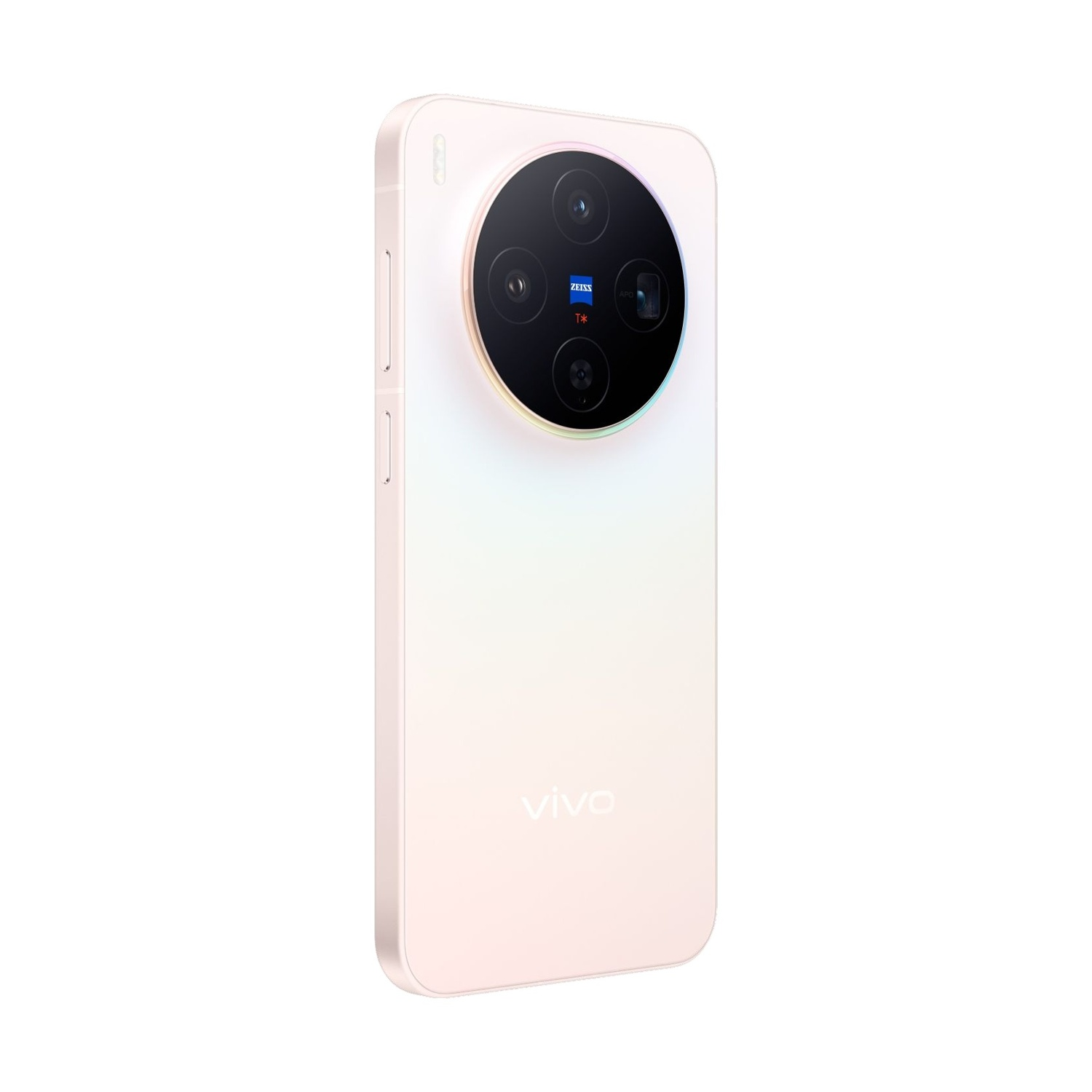 Uno smartphone Vivo bianco. Ha un grande modulo fotocamera con più obiettivi. Il telefono è in studio su sfondo bianco.