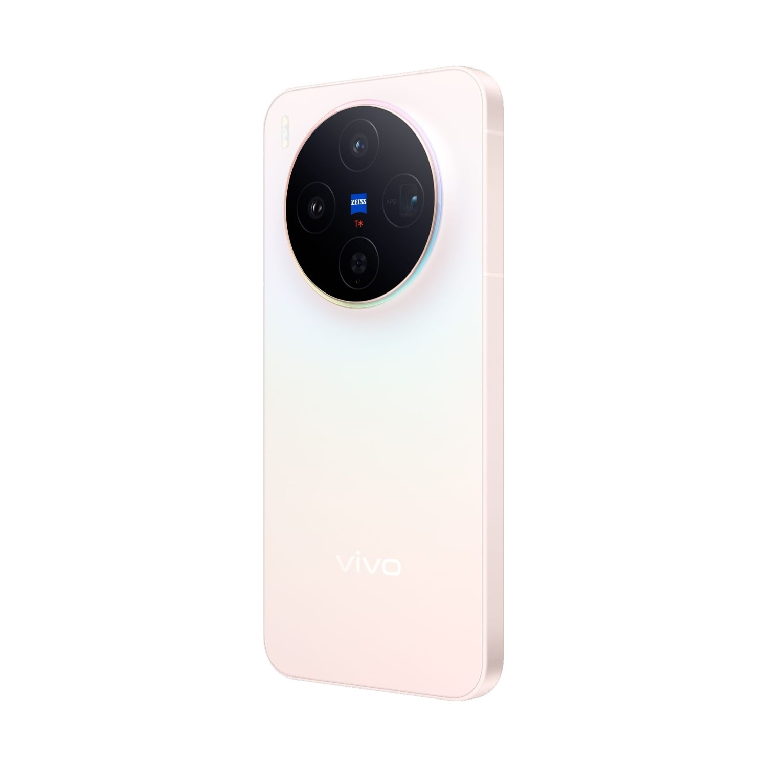 Uno smartphone con modulo fotocamera. Il telefono è bianco con una sfumatura. La fotocamera ha 4 obiettivi e un logo Zeiss.