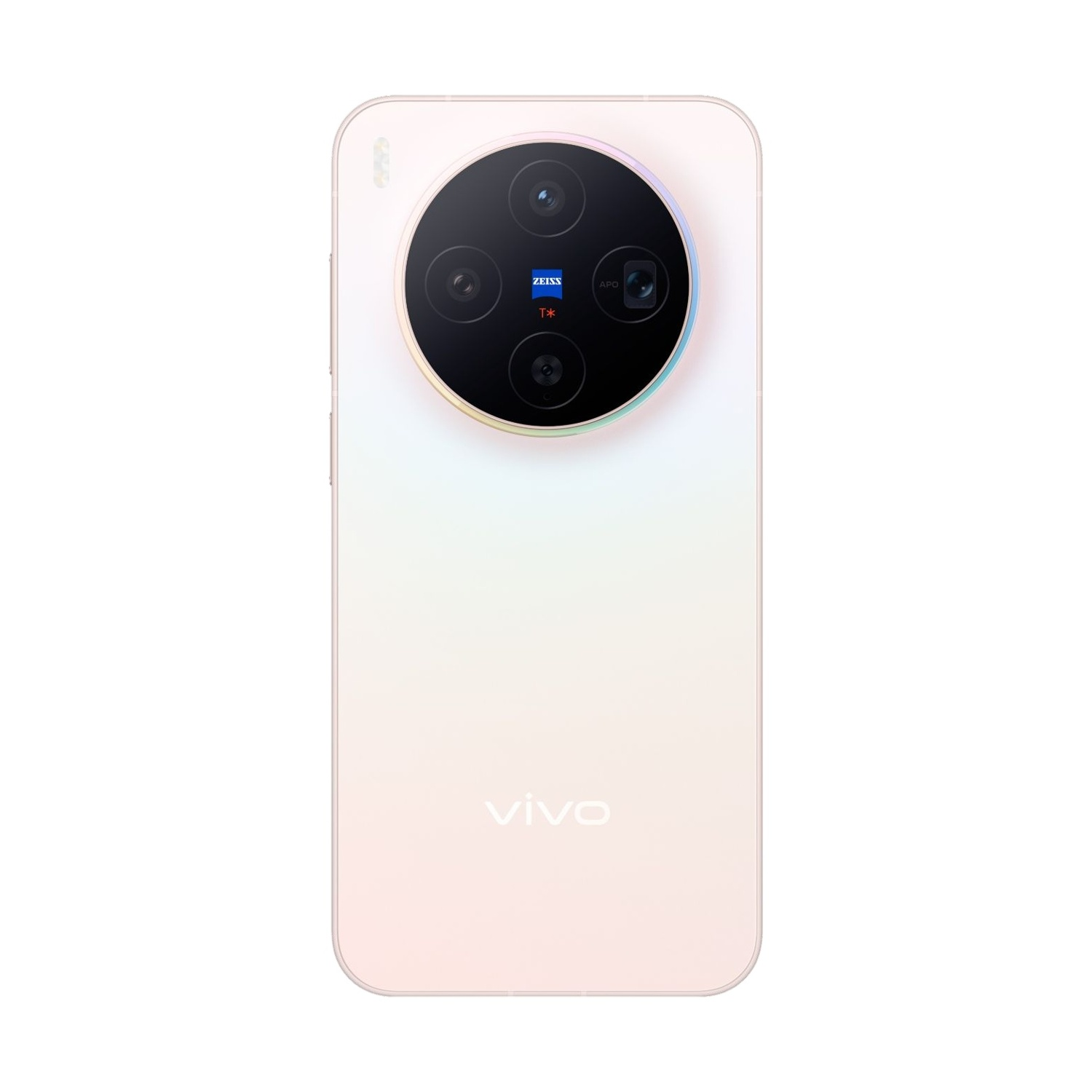 Uno smartphone con retro color crema. Ha un modulo fotocamera grande con più lenti e i loghi Zeiss e vivo.