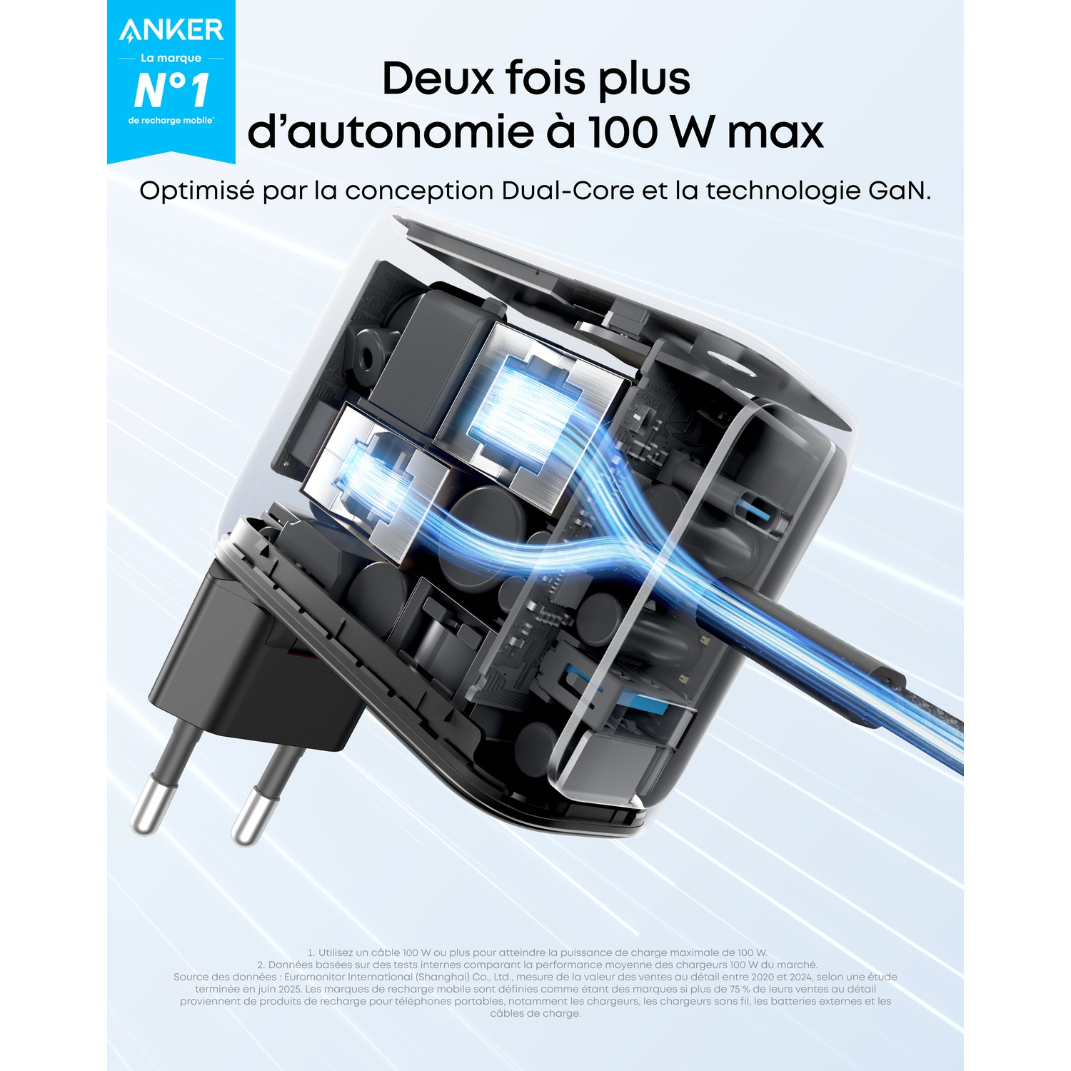 Chargeur Anker avec composants internes mis en évidence, lignes bleues indiquent le flux d'énergie, texte sur 100W max et design dual core.
