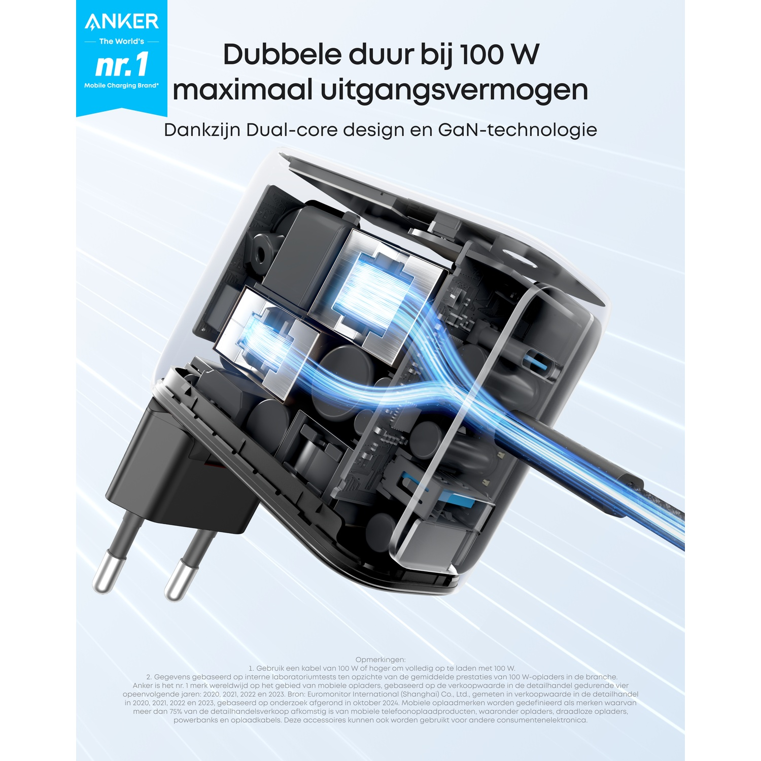 Anker charger, black with silver prongs. Internal components with blue glowing lines, text in Dutch.
