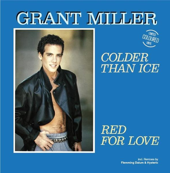 Albumcover: Grant Miller in schwarzer Jacke, ohne Hemd. Titel: Colder Than Ice, Red for Love. Blauer Hintergrund mit weißem Text.