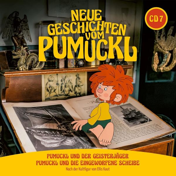 Pumuckl, eine Zeichentrickfigur, sitzt auf einem Buch. Titel Neue Geschichten vom Pumuckl. Hintergrund mit Dekorationen und CD7-Logo.