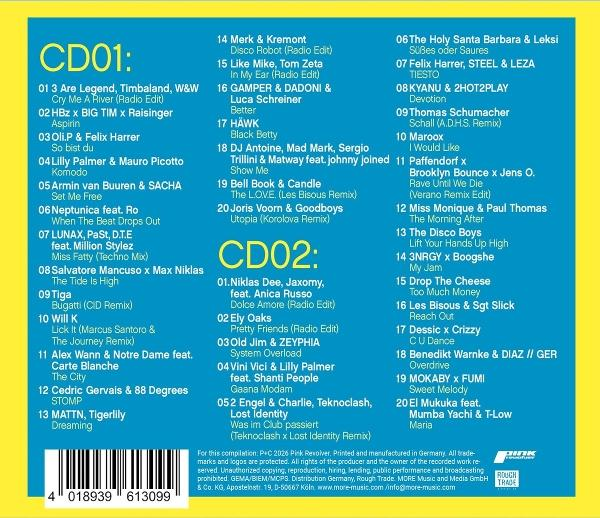 CD-Compilation mit Titellisten auf gelb-blauem Hintergrund. Enthält Künstlernamen und Songtitel.