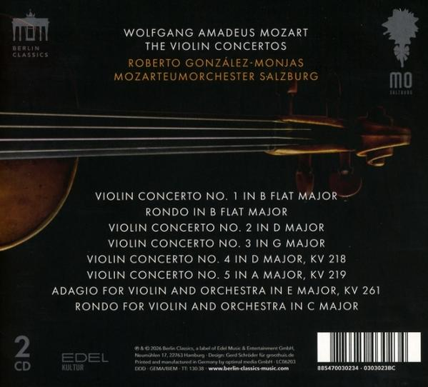 CD-Cover. Violine mit Text: Wolfgang Amadeus Mozart, The Violin Concertos. Roberto González-Monjas, Mozarteumorchester Salzburg.