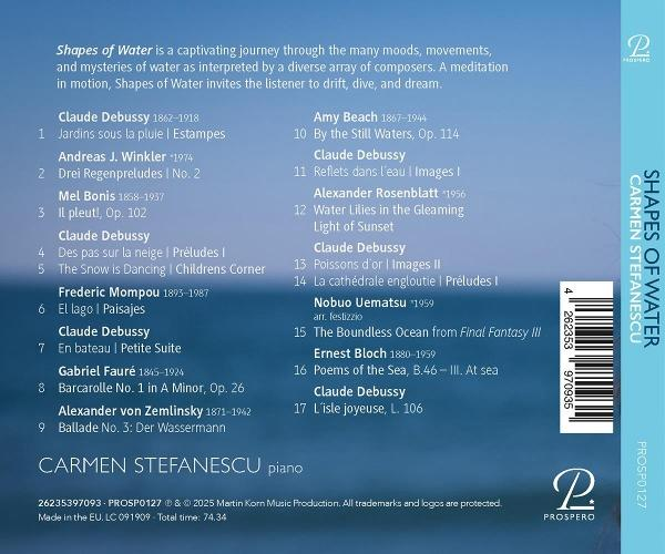 CD-Cover: Shapes of Water, Carmen Stefanescu, Klavier. Liste der Kompositionen verschiedener Komponisten.
