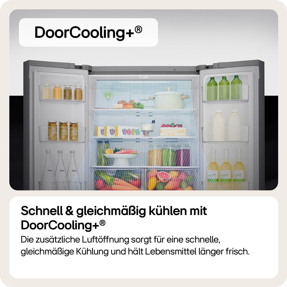 Offener Kühlschrank mit verschiedenen Lebensmitteln. Enthält Wasserflaschen, Gläser, Obst und Gemüse. DoorCooling+ Text oben.