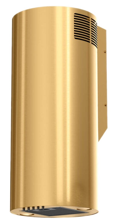 Złoty, cylindryczny okap kuchenny. Posiada szczeliny wentylacyjne i płaską podstawę. Powierzchnia jest szczotkowana i ma czarny panel.