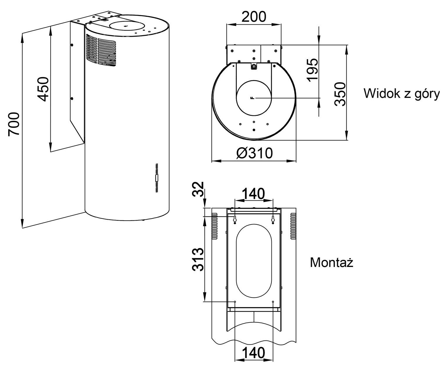 Rysunek techniczny urządzenia cylindrycznego z wymiarami. Pokazuje widok z góry i z boku z oznaczonymi wymiarami w mm.