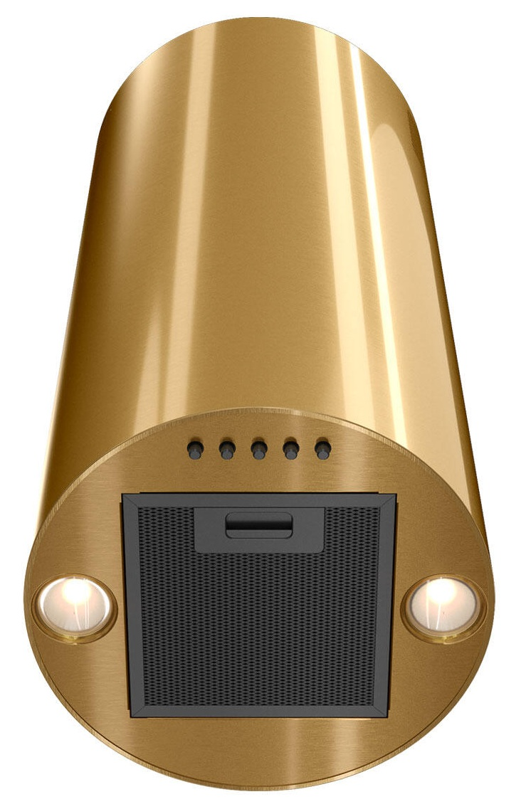 Złoty okap kuchenny. Ma cylindryczny kształt z płaskim dnem, wentylacją, światłami i przyciskami sterowania.