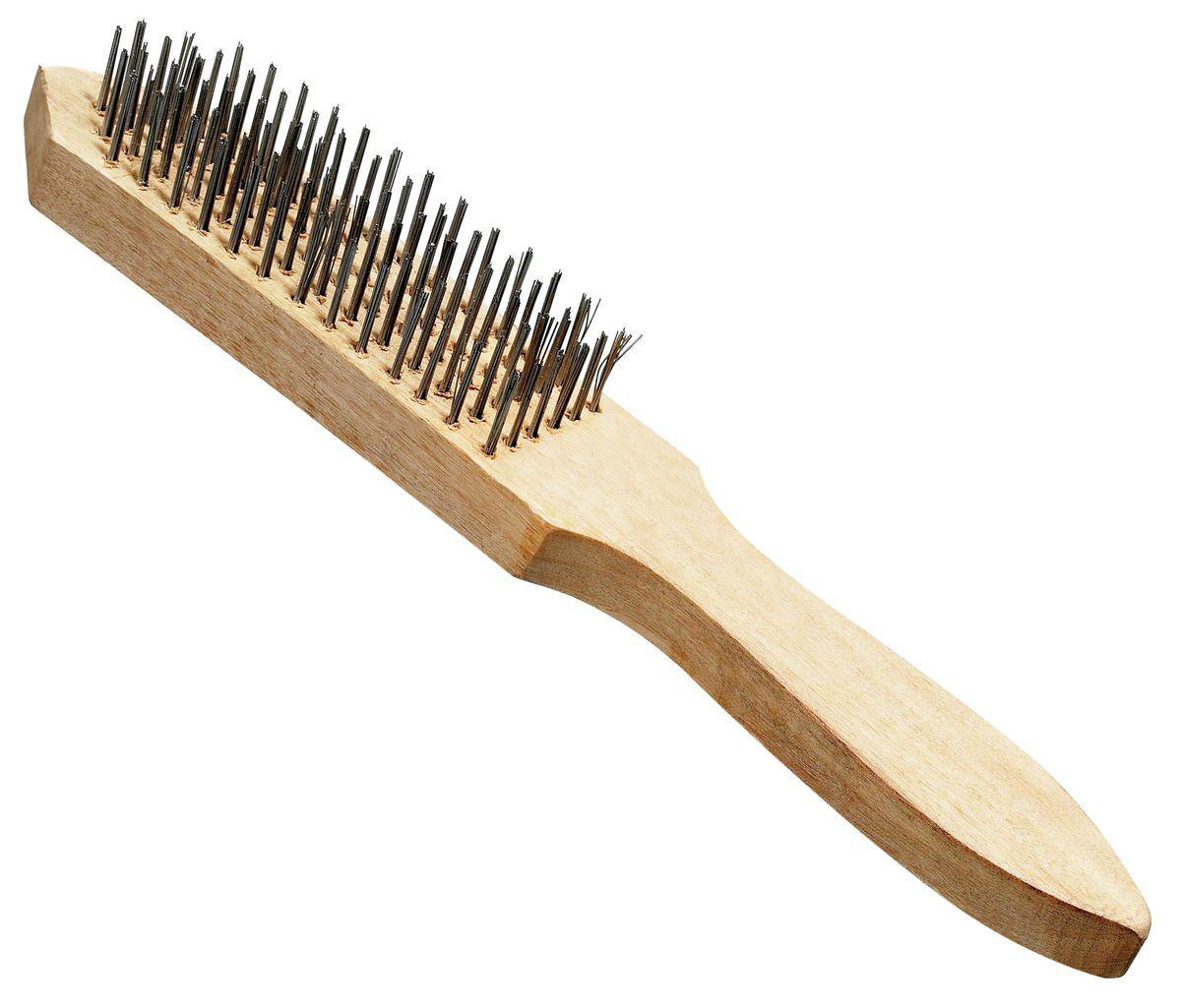 Eine Drahtbürste mit Holzgriff. Die Bürste hat viele dünne, schwarze Drähte, die in Reihen angeordnet sind. Der Griff ist hellbraun.