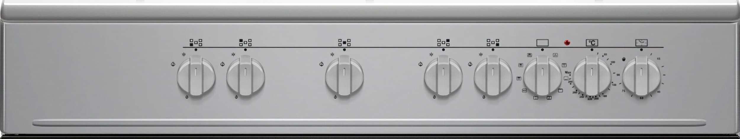 Zbliżenie srebrnego panelu sterowania piekarnika z pokrętłami i wskaźnikami temperatury i funkcji piekarnika.