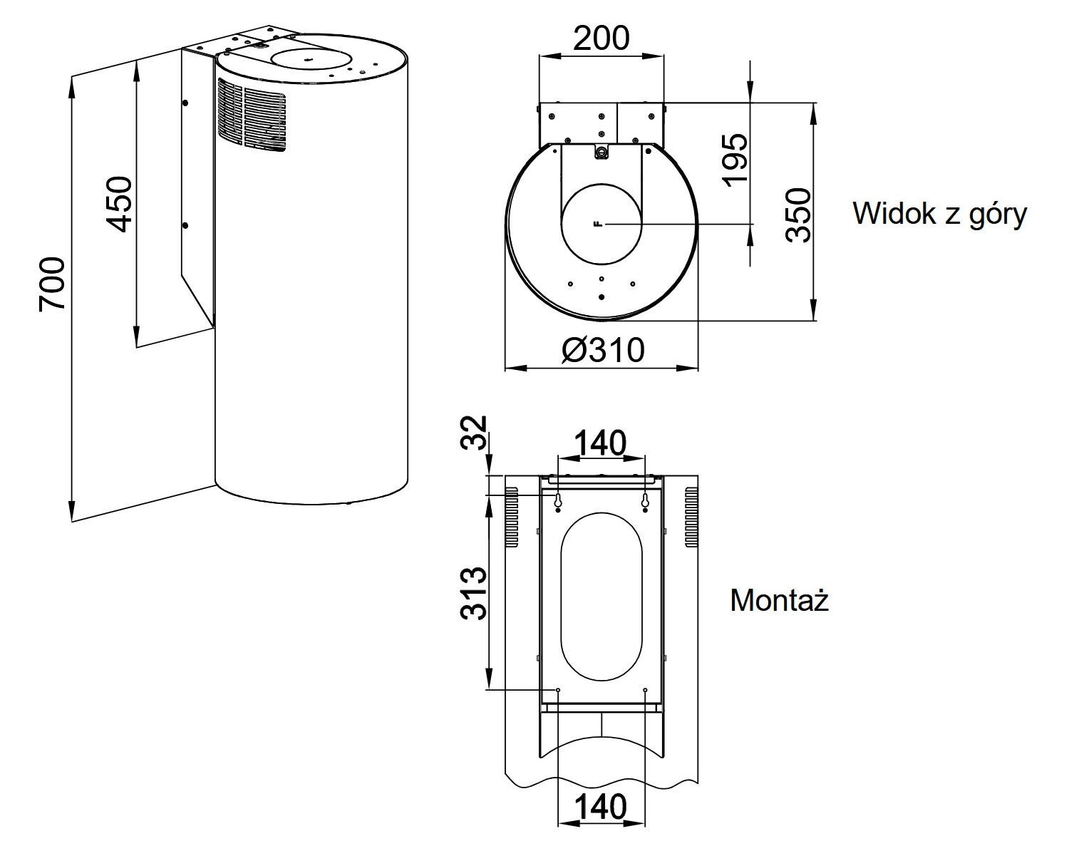 Rysunek techniczny obiektu cylindrycznego z wymiarami. Zawiera widok z góry i z boku z wymiarami w milimetrach.